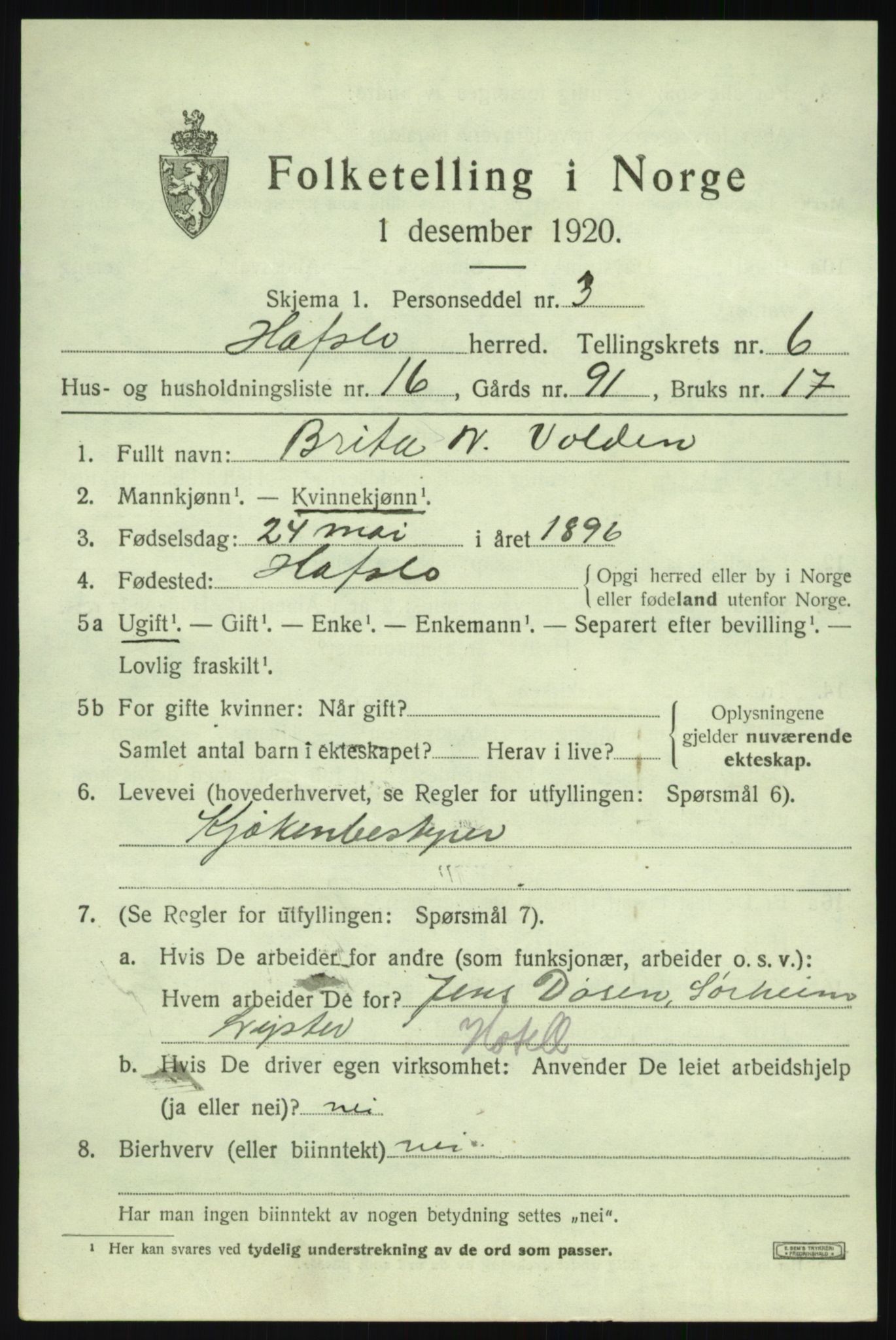SAB, 1920 census for Hafslo, 1920, p. 4686