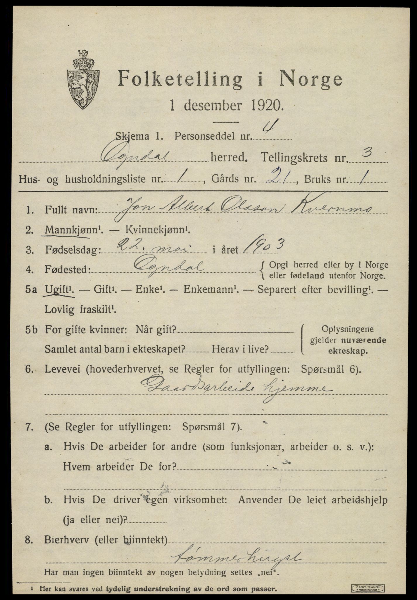 SAT, 1920 census for Ogndal, 1920, p. 1173