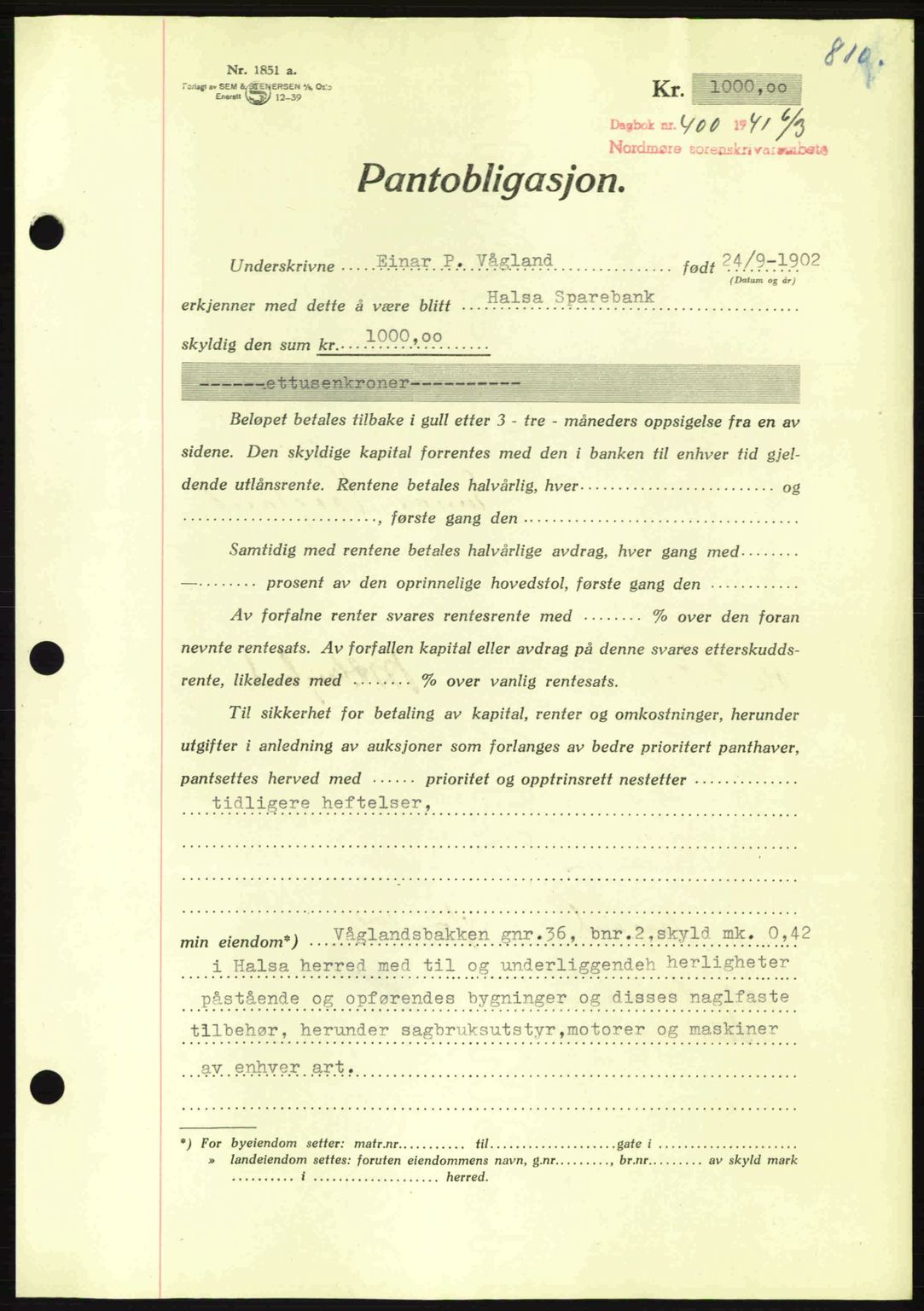 Nordmøre sorenskriveri, AV/SAT-A-4132/1/2/2Ca: Mortgage book no. B87, 1940-1941, Diary no: : 400/1941