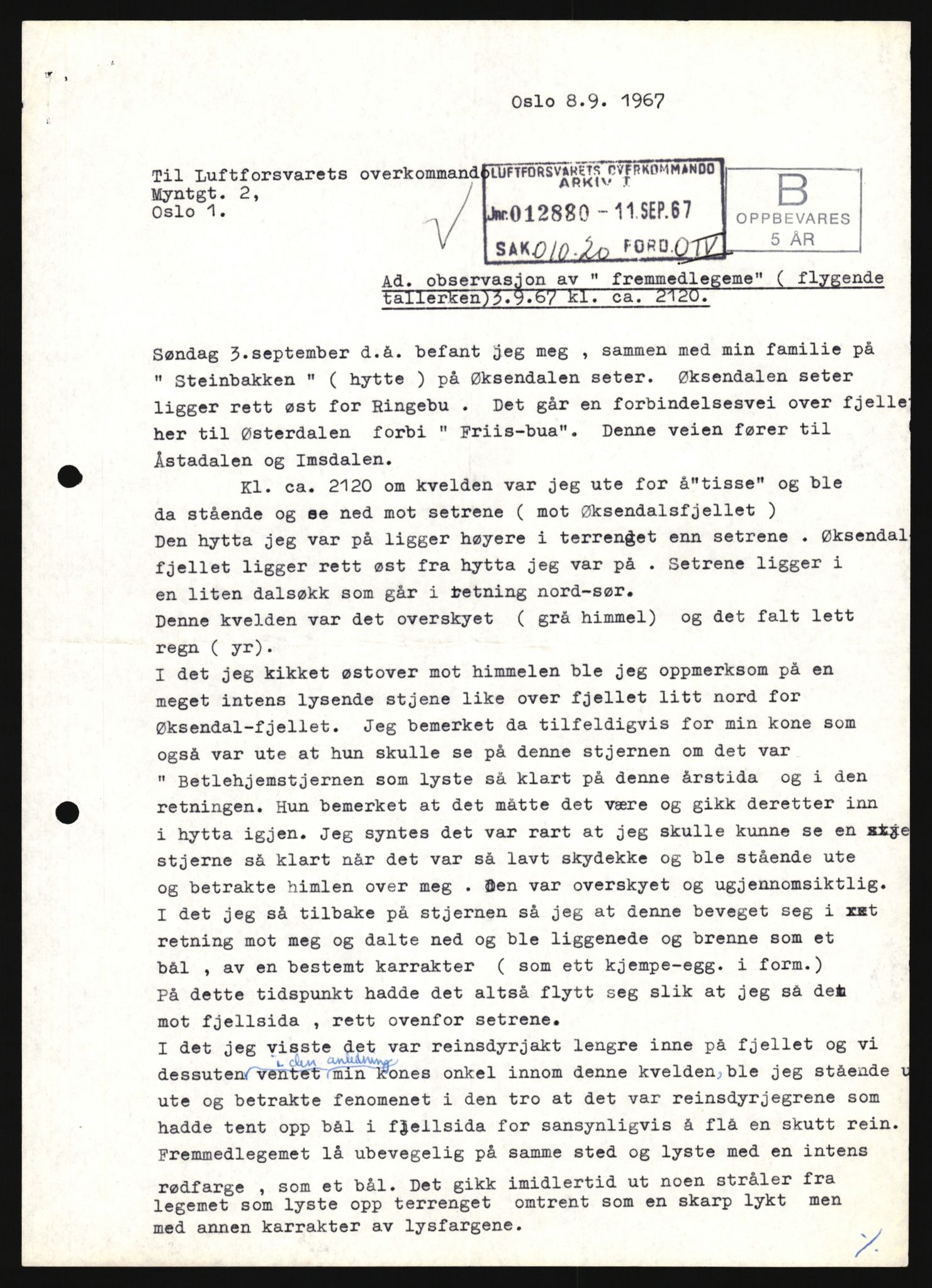 Forsvaret, Luftforsvarets overkommando/Luftforsvarsstaben, AV/RA-RAFA-2246/1/D/Da/L0124/0001: -- / UFO OVER NORSK TERRITORIUM, 1954-1970, p. 181