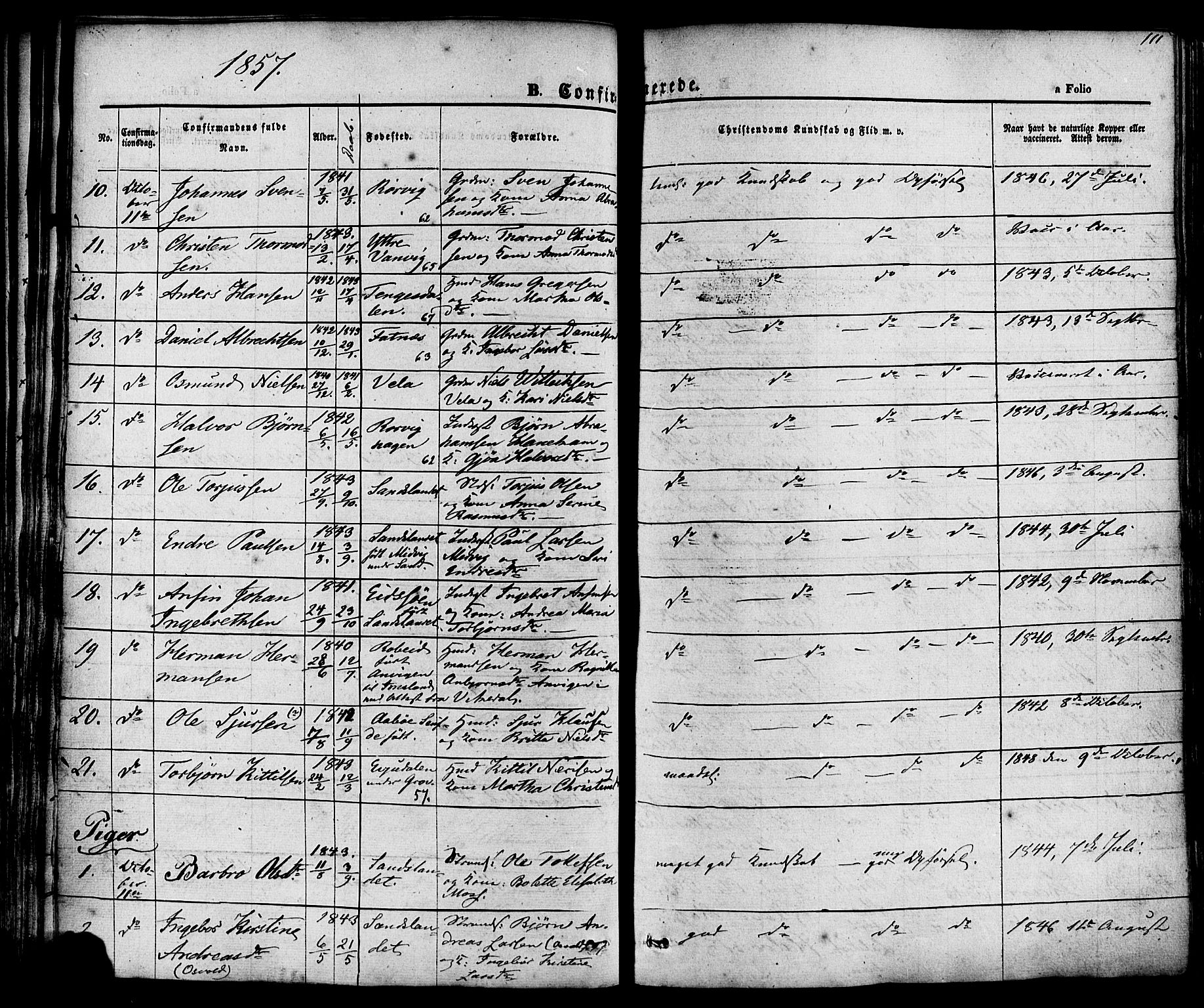 Sand sokneprestkontor, AV/SAST-A-101848/01/III/L0003: Parish register (official) no. A 3, 1854-1879, p. 111