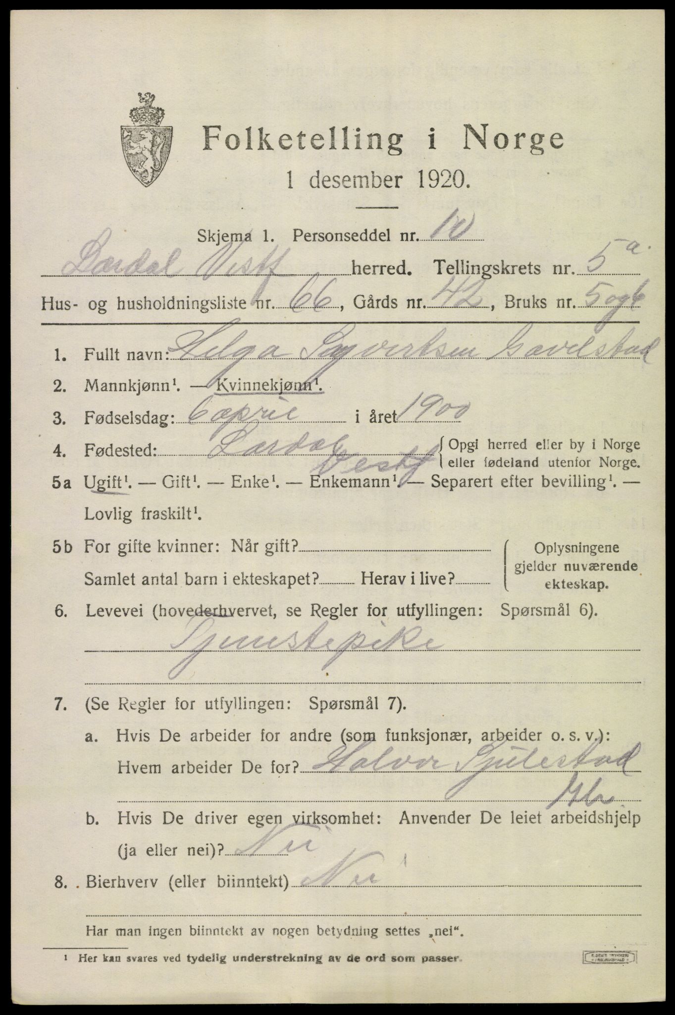 SAKO, 1920 census for Lardal, 1920, p. 5207