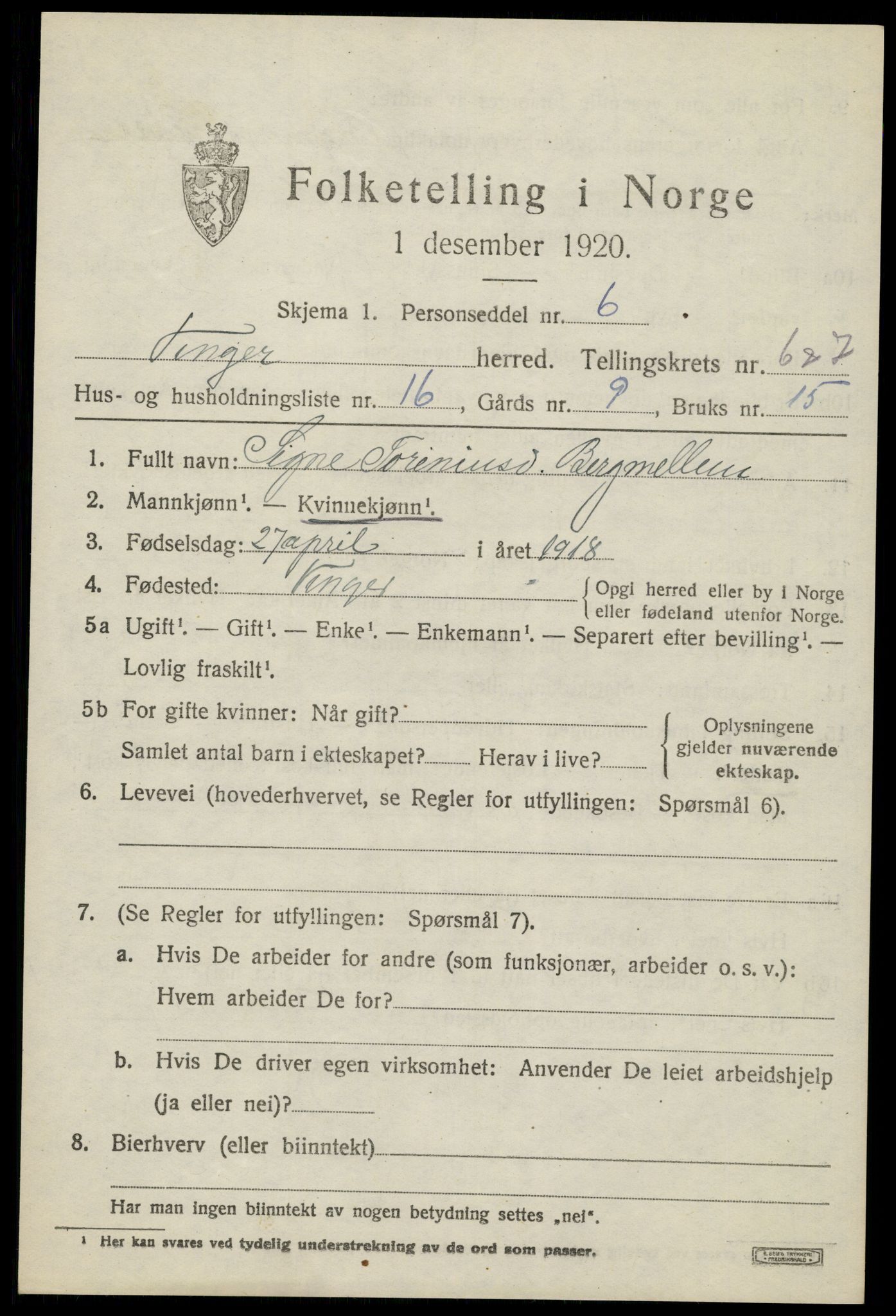 SAH, 1920 census for Vinger, 1920, p. 6188