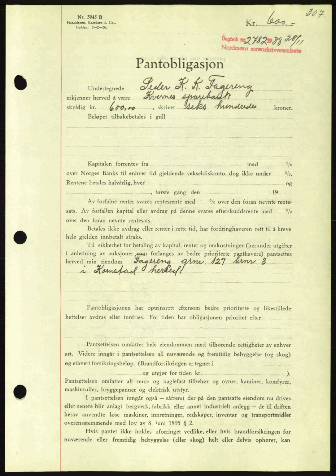 Nordmøre sorenskriveri, SAT/A-4132/1/2/2Ca: Mortgage book no. B84, 1938-1939, Diary no: : 2782/1938