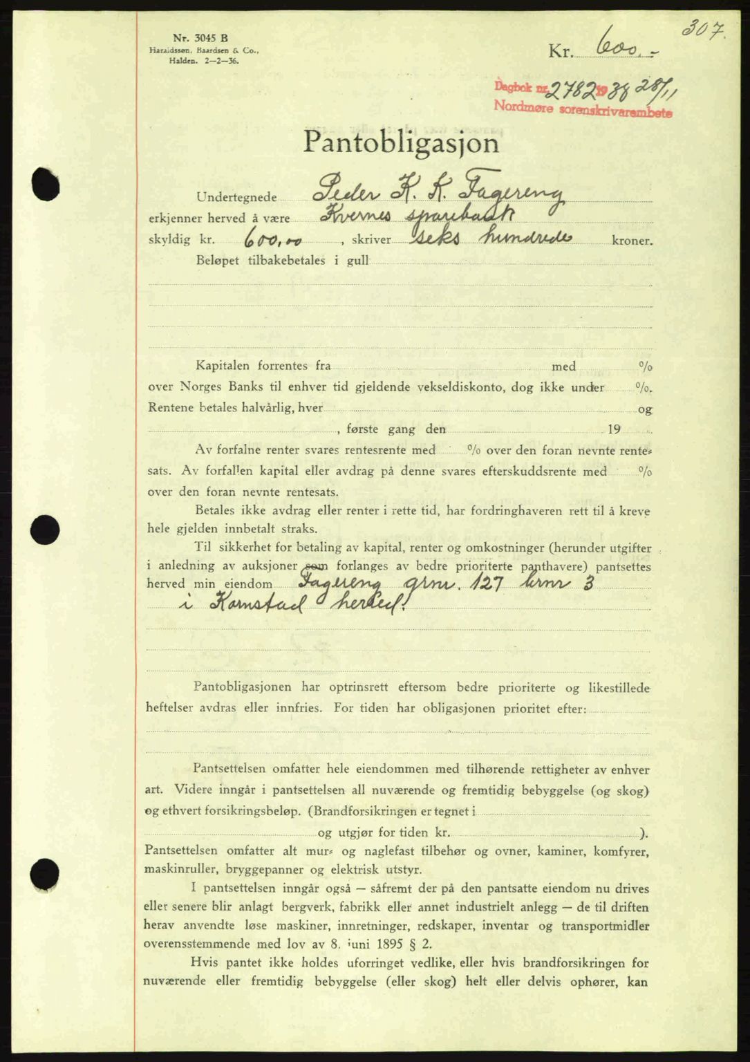 Nordmøre sorenskriveri, AV/SAT-A-4132/1/2/2Ca: Mortgage book no. B84, 1938-1939, Diary no: : 2782/1938