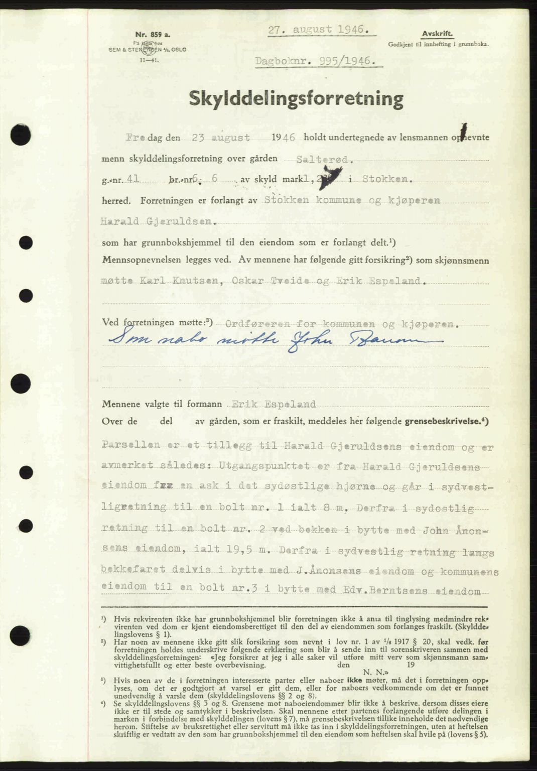 Nedenes sorenskriveri, SAK/1221-0006/G/Gb/Gba/L0055: Mortgage book no. A7, 1946-1946, Diary no: : 995/1946