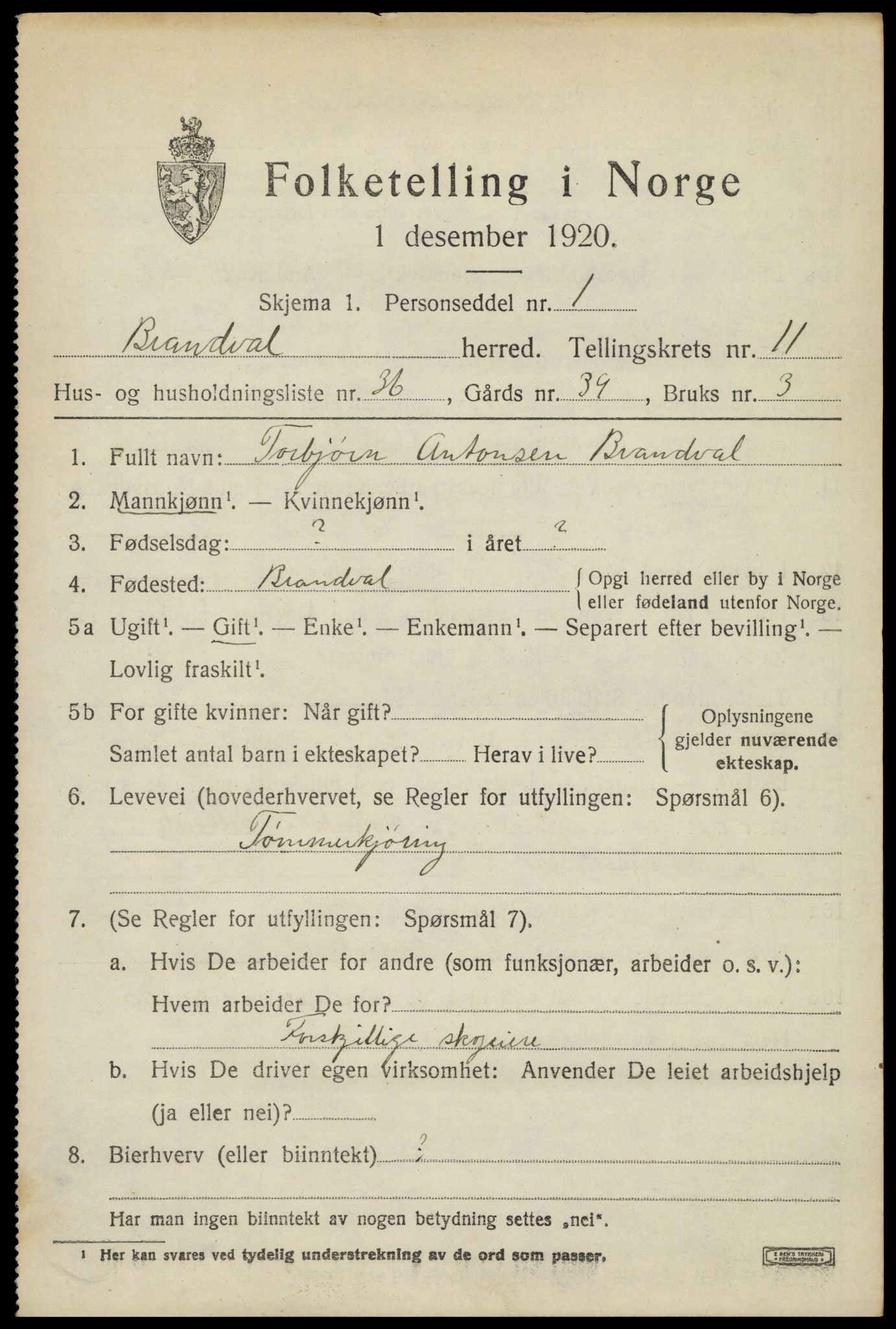 SAH, 1920 census for Brandval, 1920, p. 8458