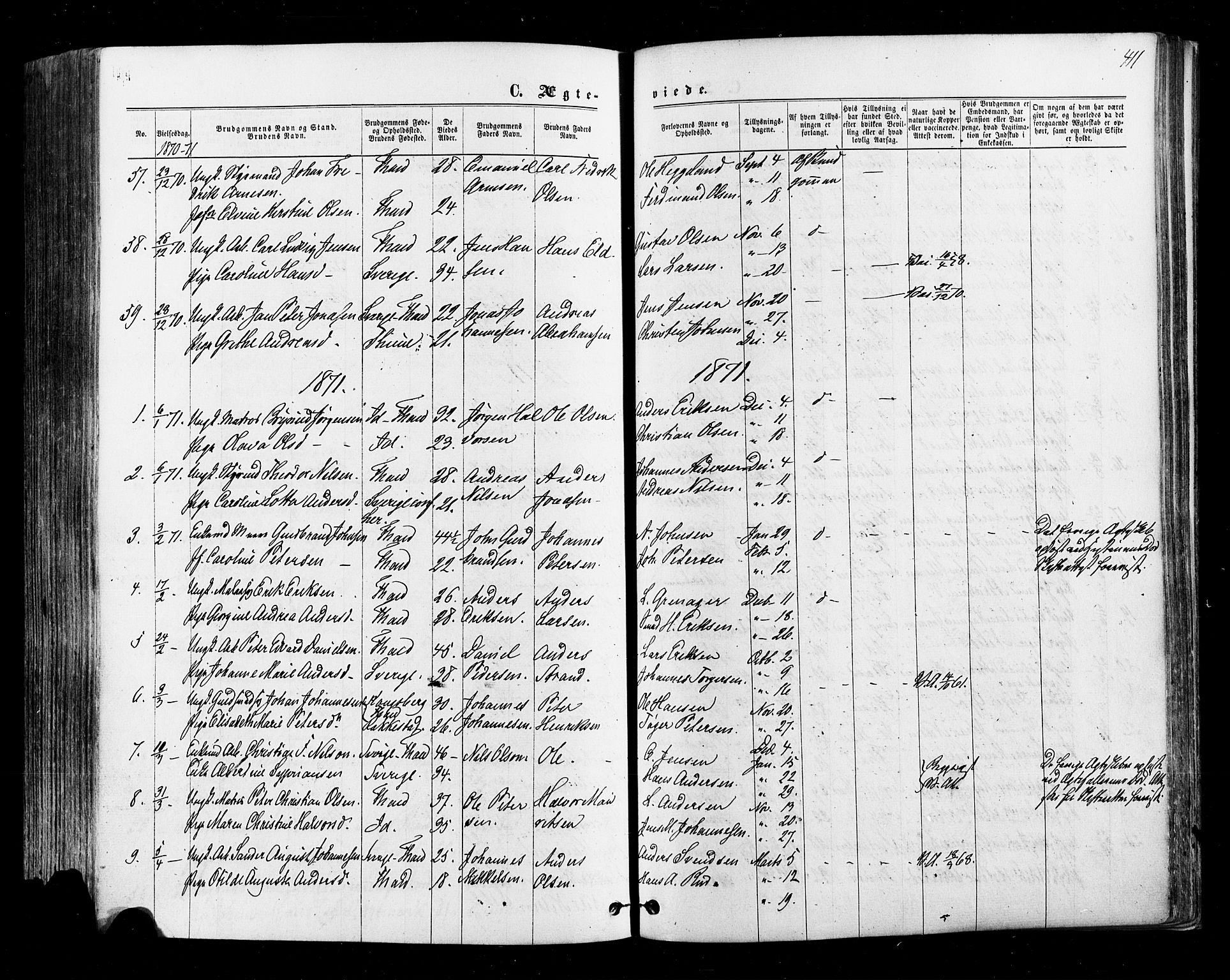 Halden prestekontor Kirkebøker, SAO/A-10909/F/Fa/L0009: Parish register (official) no. I 9, 1866-1877, p. 411