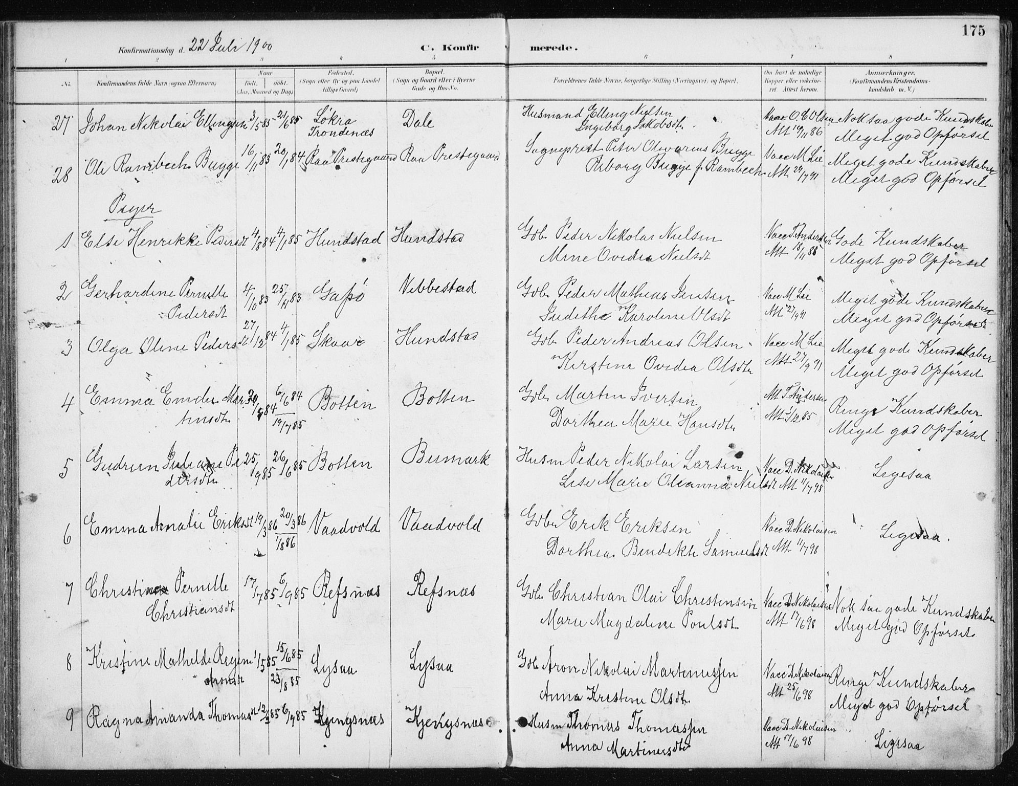 Kvæfjord sokneprestkontor, AV/SATØ-S-1323/G/Ga/Gaa/L0006kirke: Parish register (official) no. 6, 1895-1914, p. 175