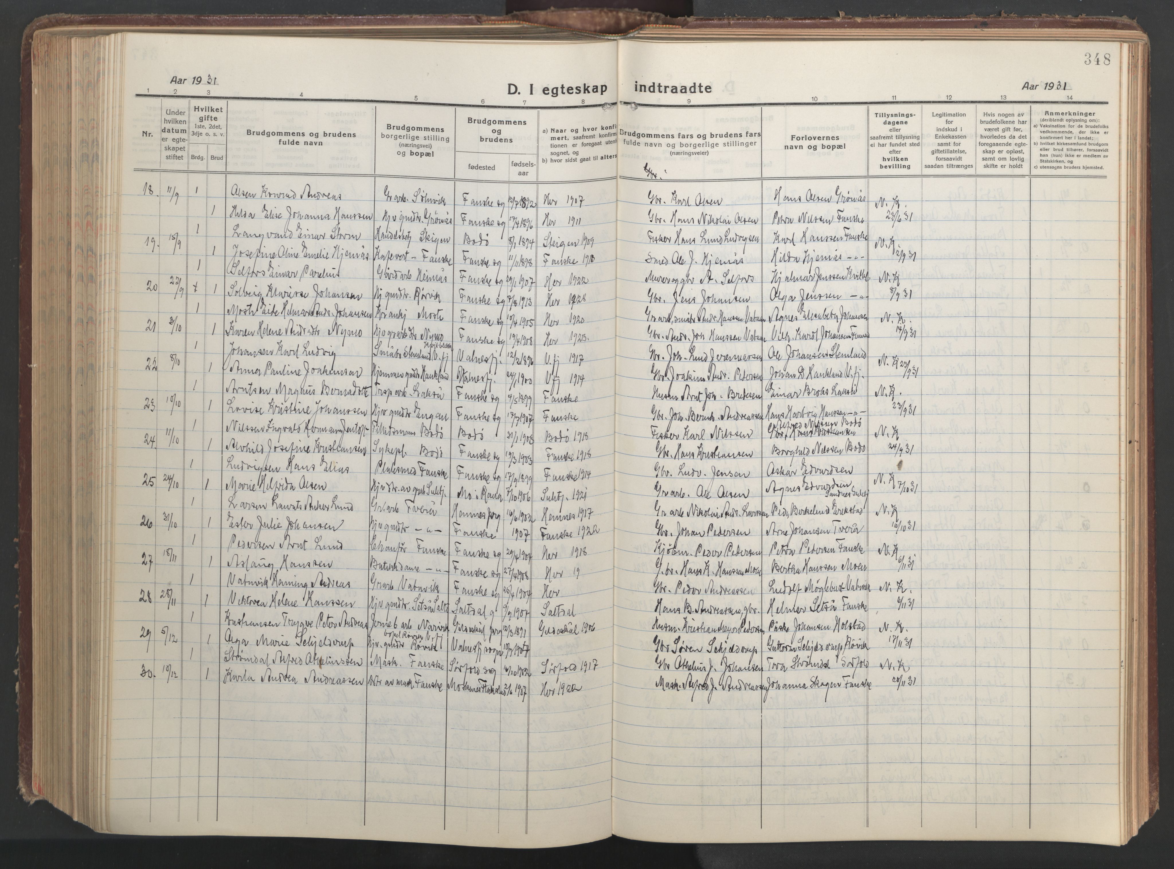 Ministerialprotokoller, klokkerbøker og fødselsregistre - Nordland, AV/SAT-A-1459/849/L0700: Parish register (copy) no. 849C01, 1919-1946, p. 348