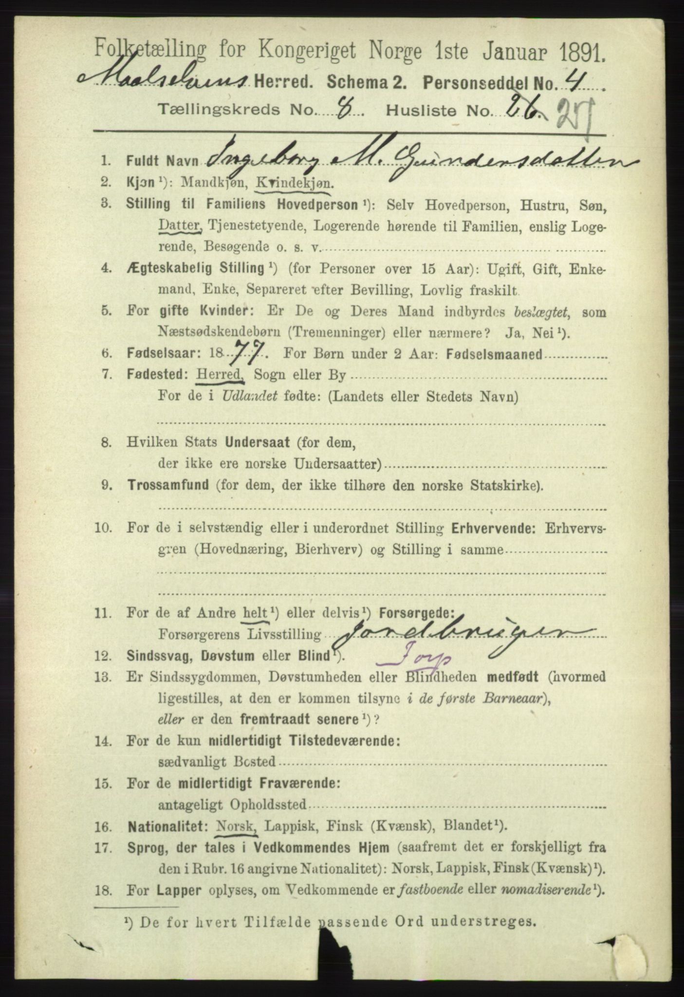 RA, 1891 census for 1924 Målselv, 1891, p. 2708