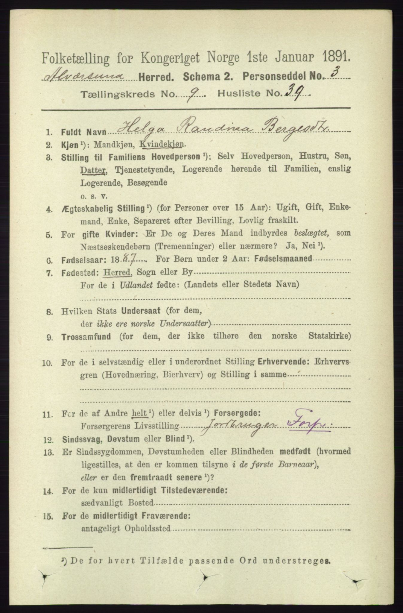 RA, 1891 census for 1257 Alversund, 1891, p. 3356