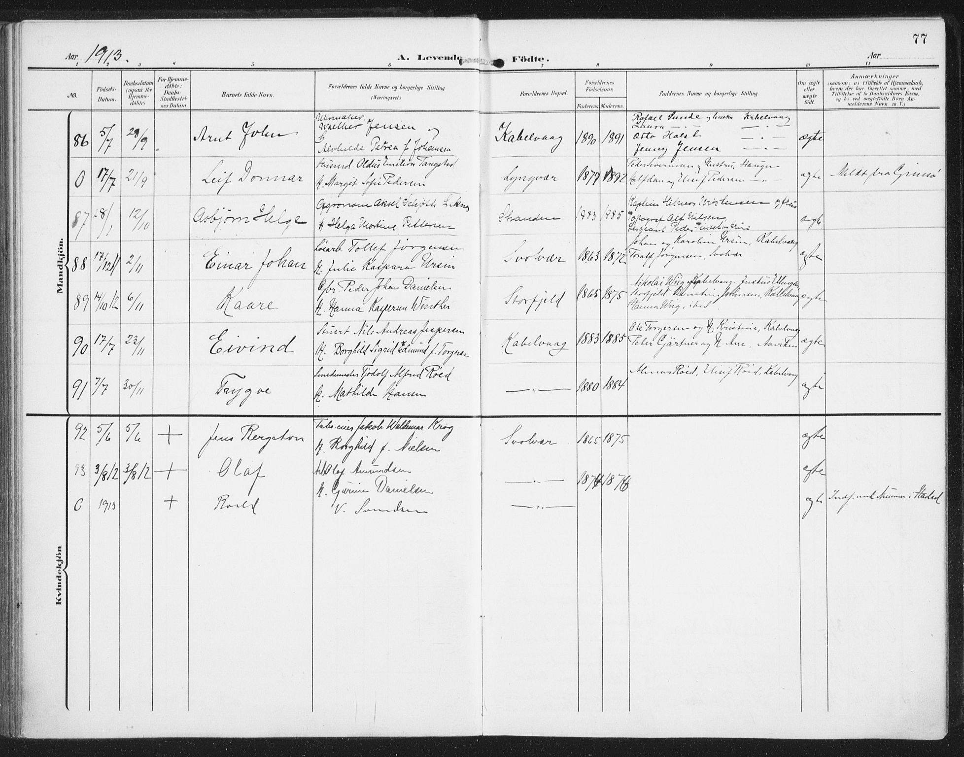 Ministerialprotokoller, klokkerbøker og fødselsregistre - Nordland, AV/SAT-A-1459/874/L1063: Parish register (official) no. 874A07, 1907-1915, p. 77