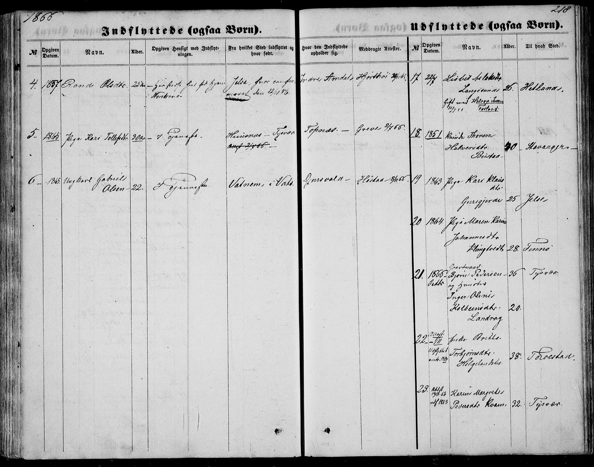 Nedstrand sokneprestkontor, AV/SAST-A-101841/01/IV: Parish register (official) no. A 9, 1861-1876, p. 218