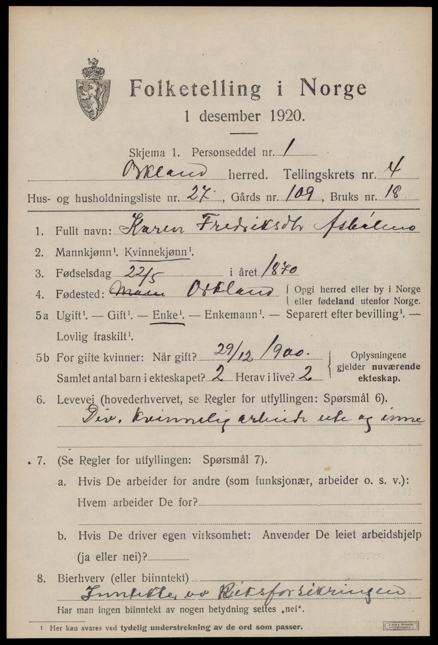 SAT, 1920 census for Orkland, 1920, p. 3638