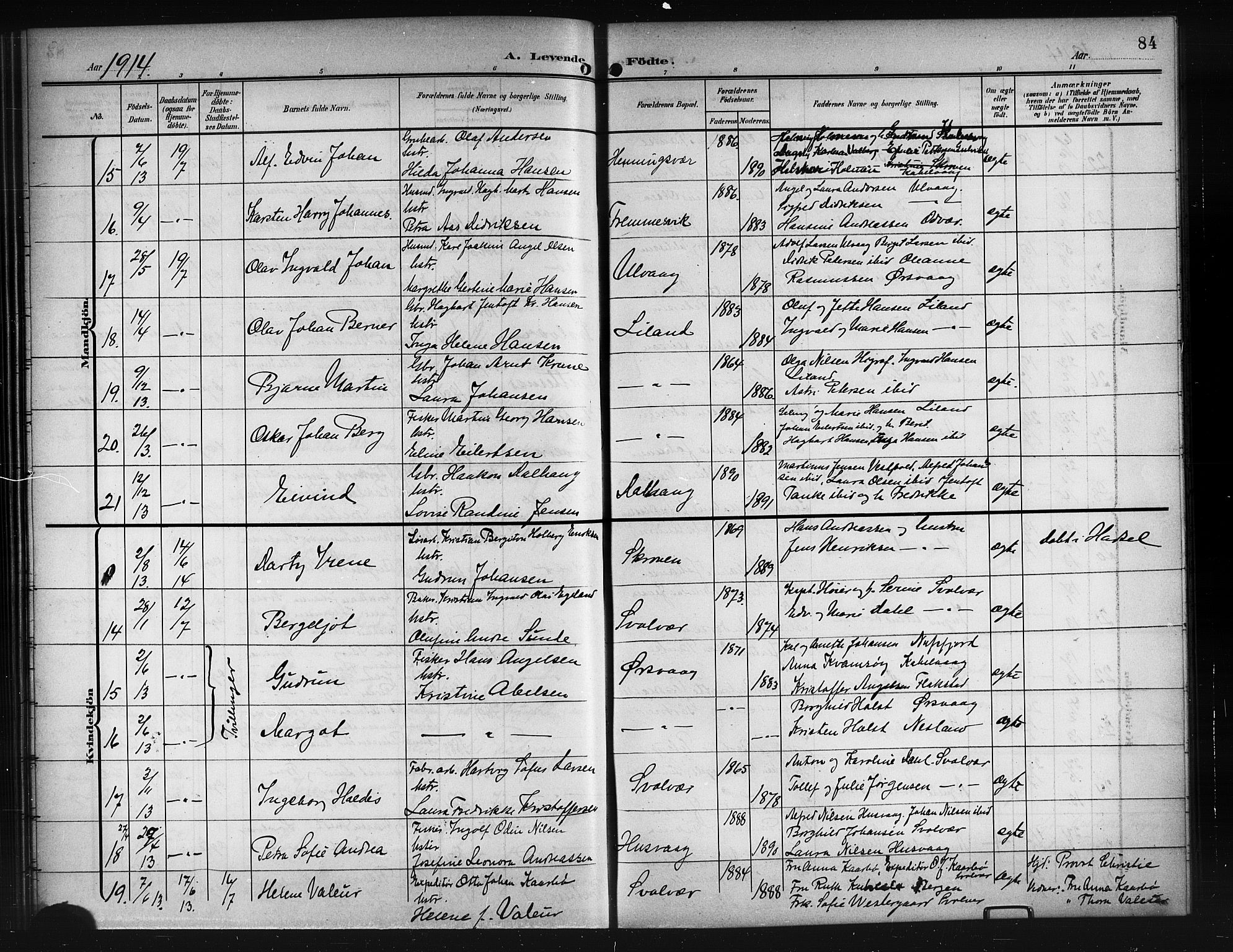 Ministerialprotokoller, klokkerbøker og fødselsregistre - Nordland, AV/SAT-A-1459/874/L1079: Parish register (copy) no. 874C08, 1907-1915, p. 84