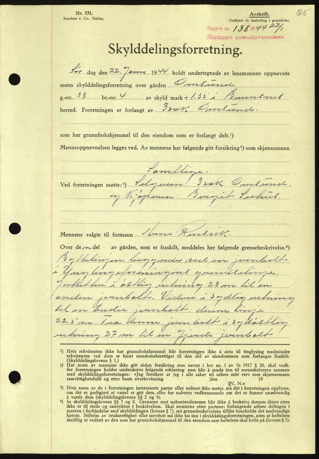 Nordmøre sorenskriveri, AV/SAT-A-4132/1/2/2Ca: Mortgage book no. A97, 1944-1944, Diary no: : 138/1944