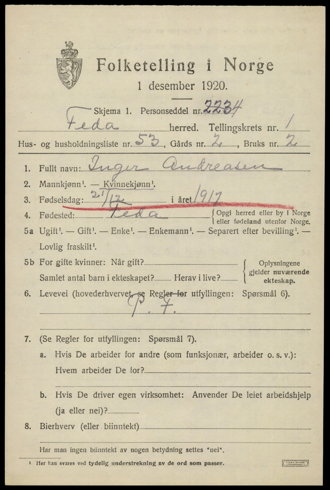 SAK, 1920 census for Feda, 1920, p. 901