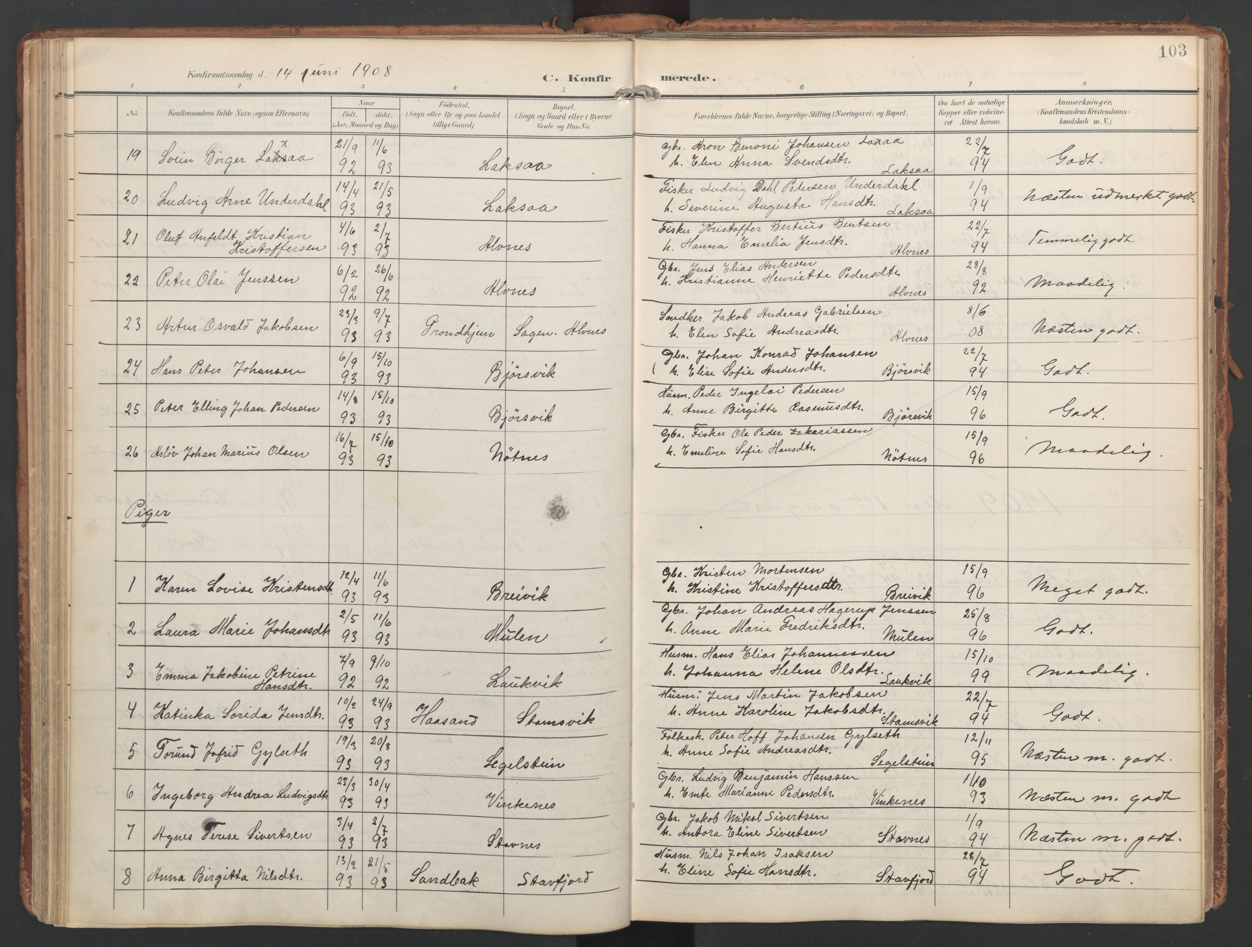 Ministerialprotokoller, klokkerbøker og fødselsregistre - Nordland, AV/SAT-A-1459/858/L0832: Parish register (official) no. 858A02, 1902-1915, p. 103