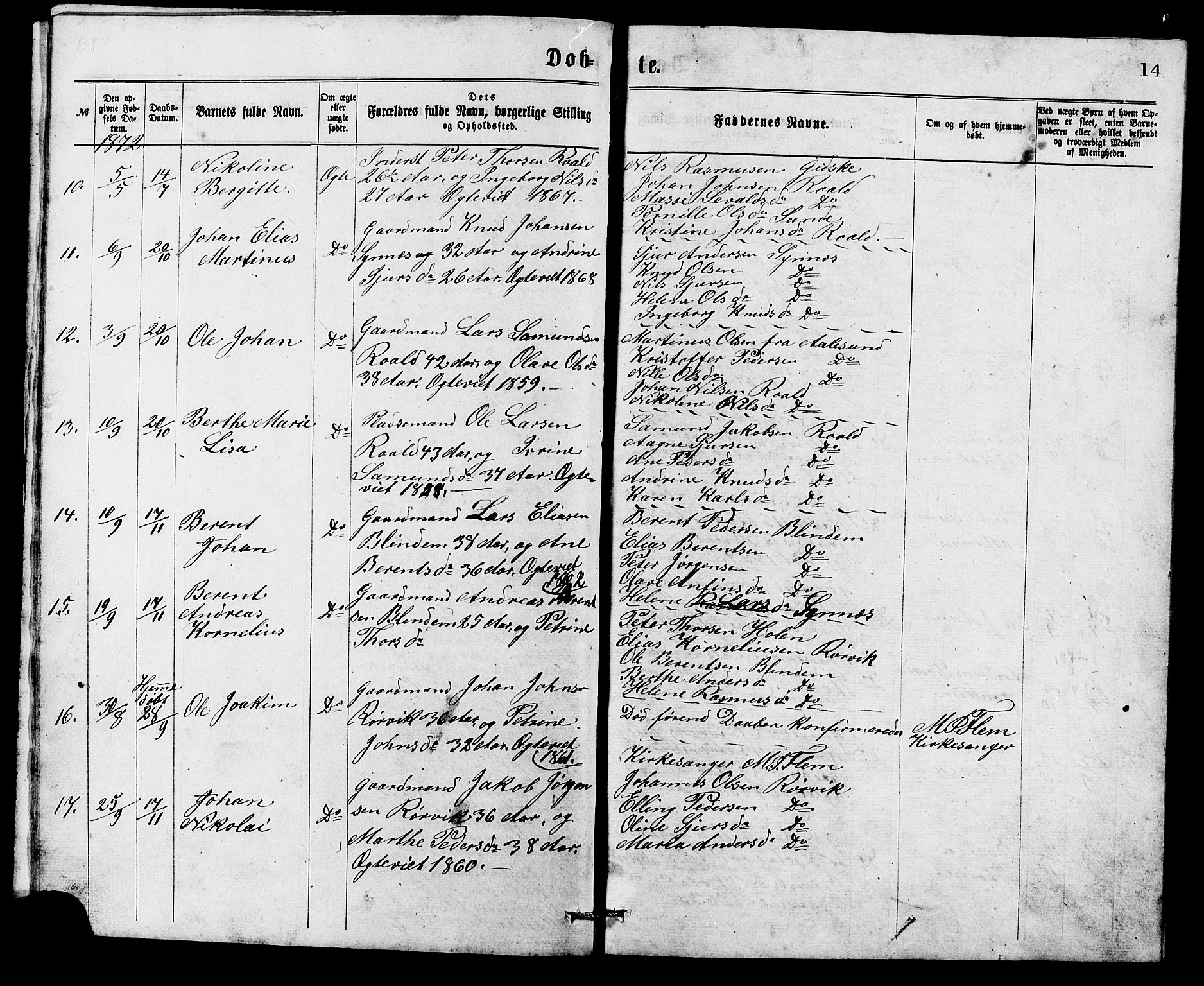Ministerialprotokoller, klokkerbøker og fødselsregistre - Møre og Romsdal, SAT/A-1454/537/L0521: Parish register (copy) no. 537C02, 1869-1888, p. 14