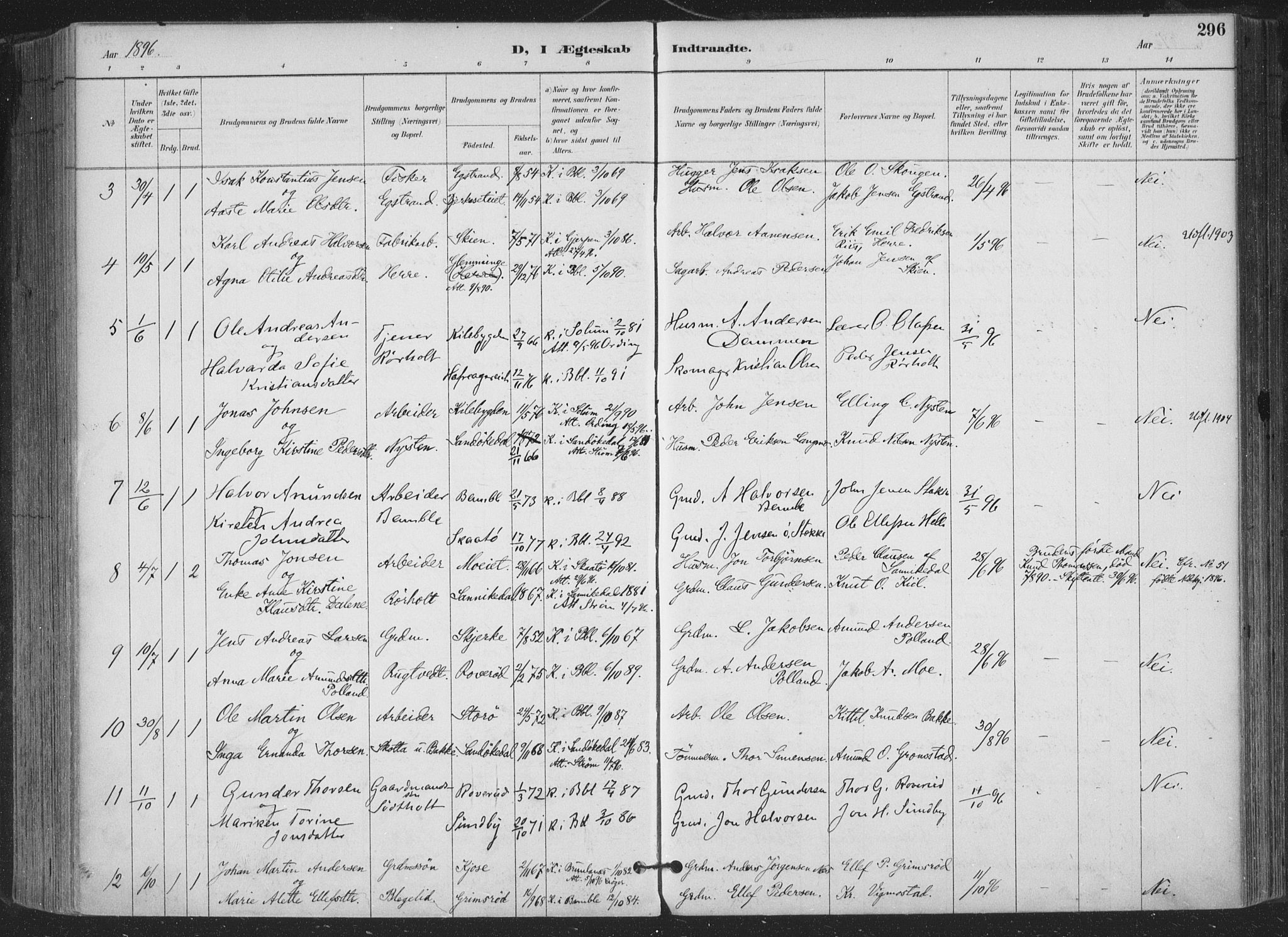 Bamble kirkebøker, SAKO/A-253/F/Fa/L0008: Parish register (official) no. I 8, 1888-1900, p. 296