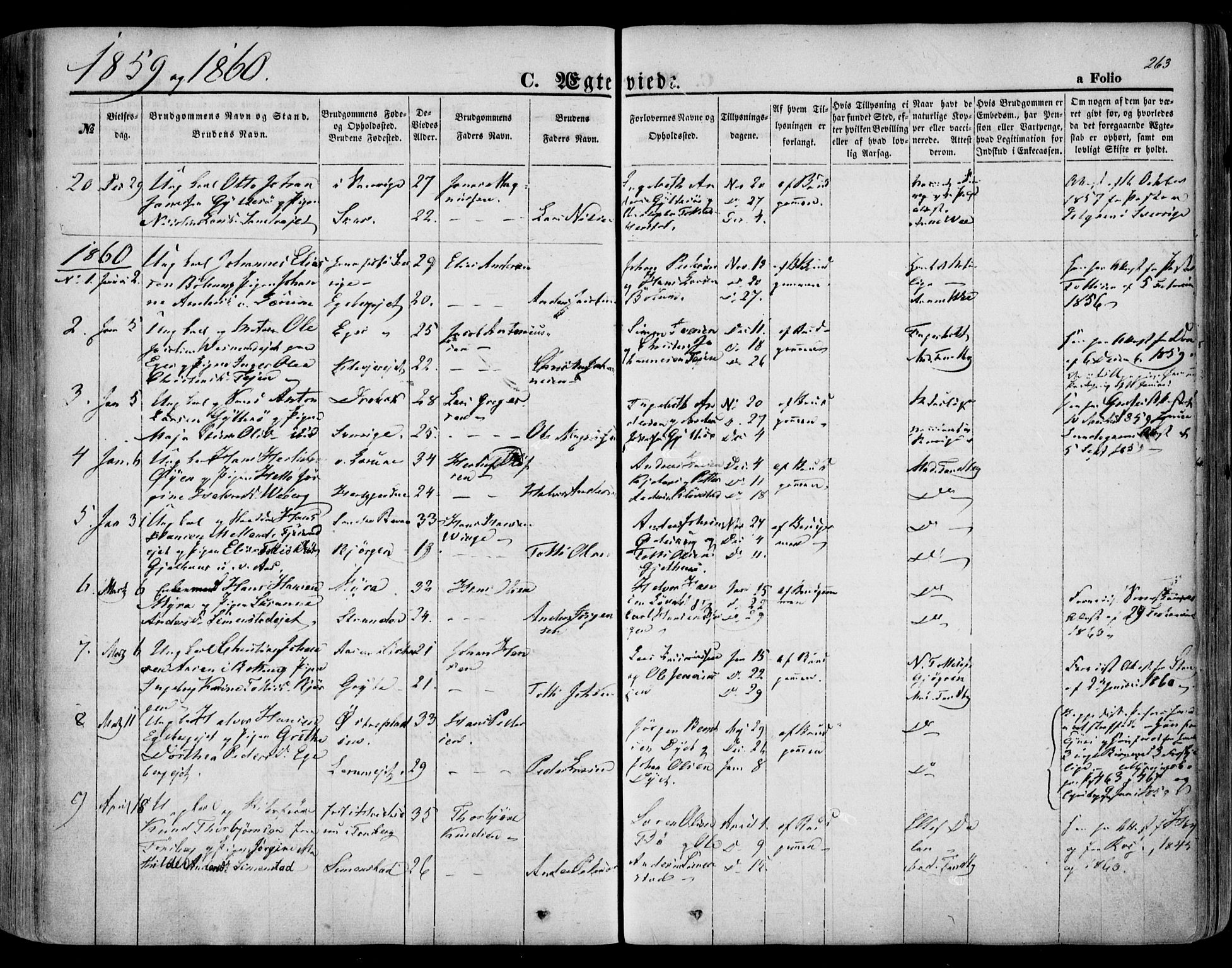 Sande Kirkebøker, AV/SAKO-A-53/F/Fa/L0004: Parish register (official) no. 4, 1847-1864, p. 263