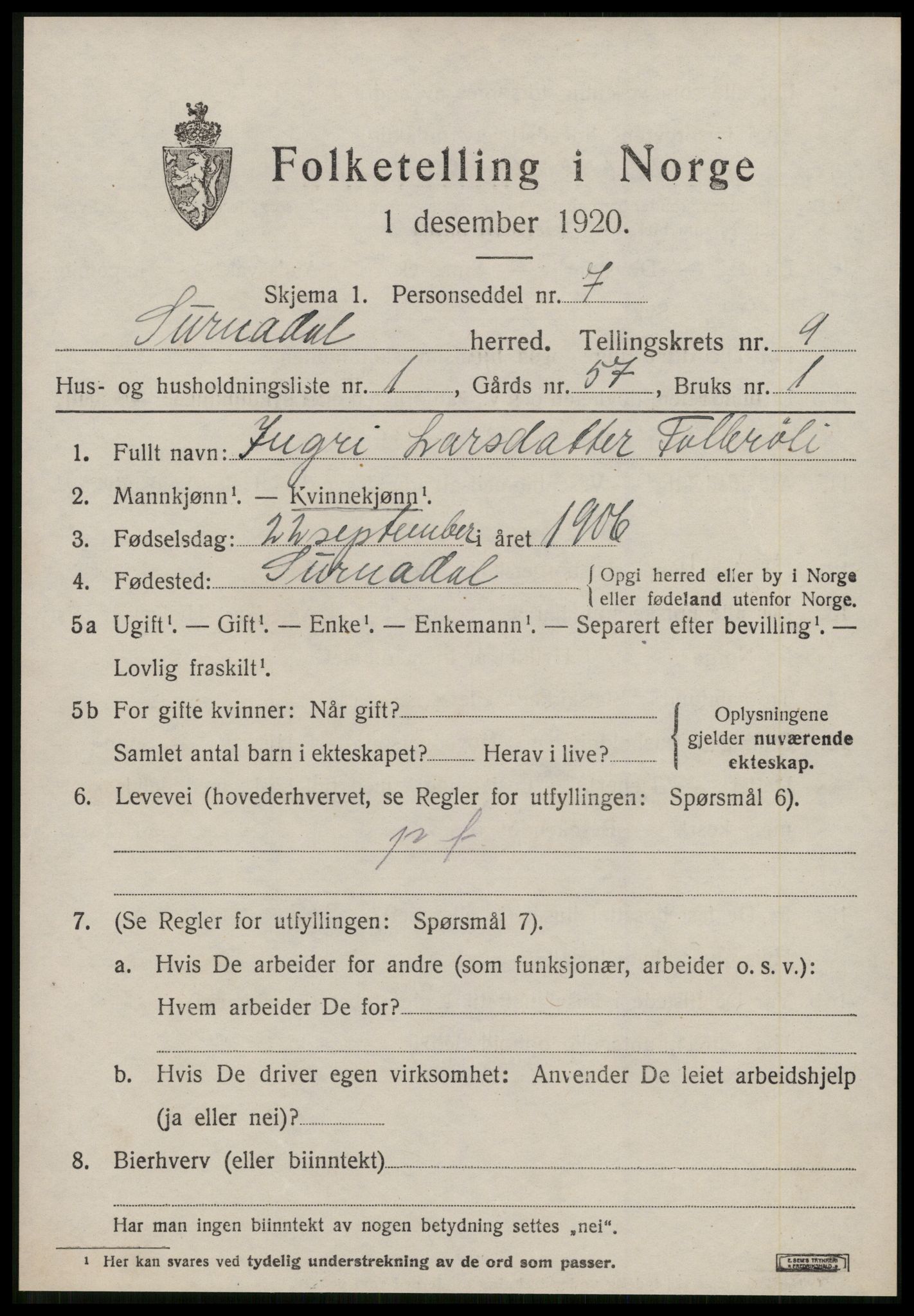 SAT, 1920 census for Surnadal, 1920, p. 6369