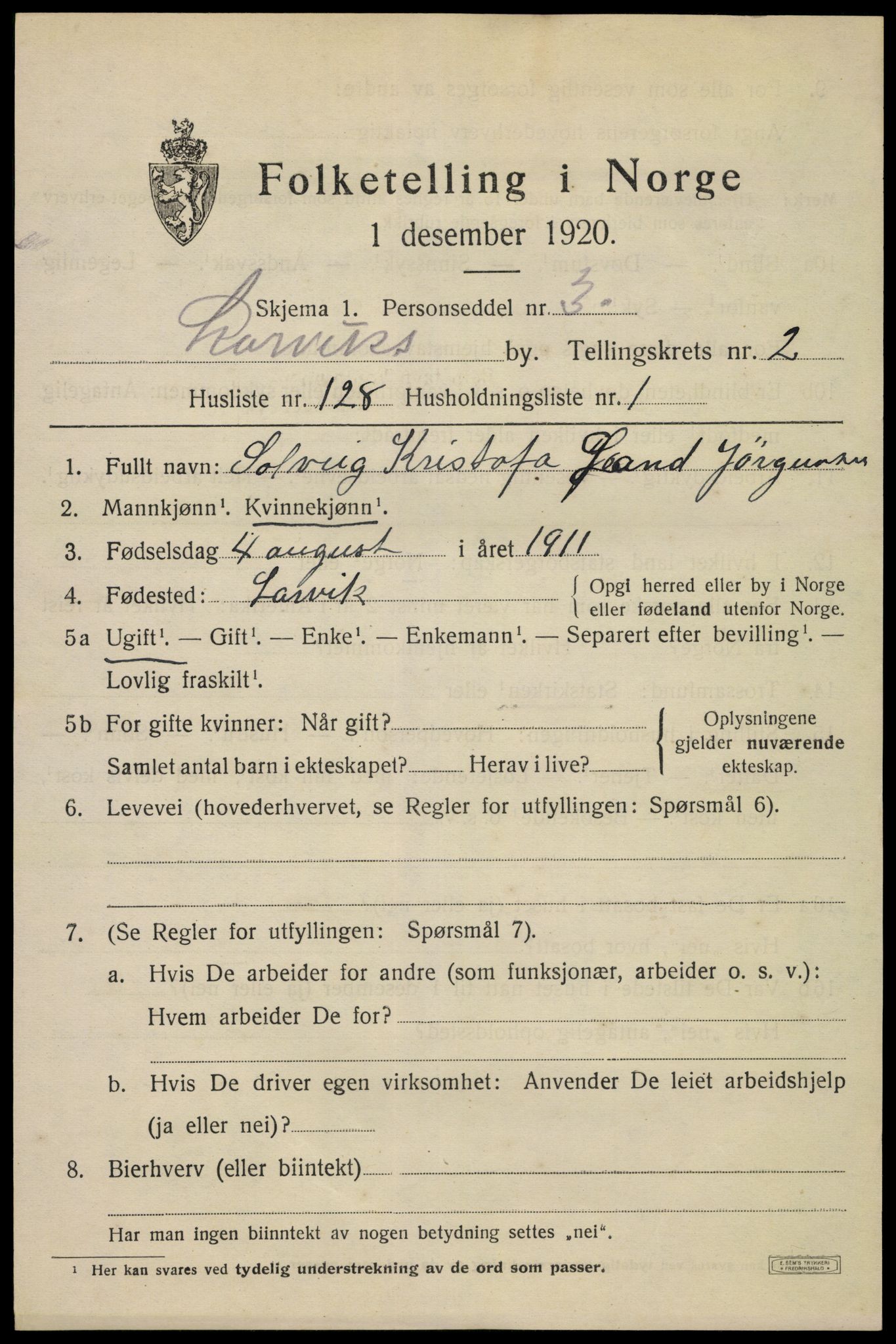 SAKO, 1920 census for Larvik, 1920, p. 12134