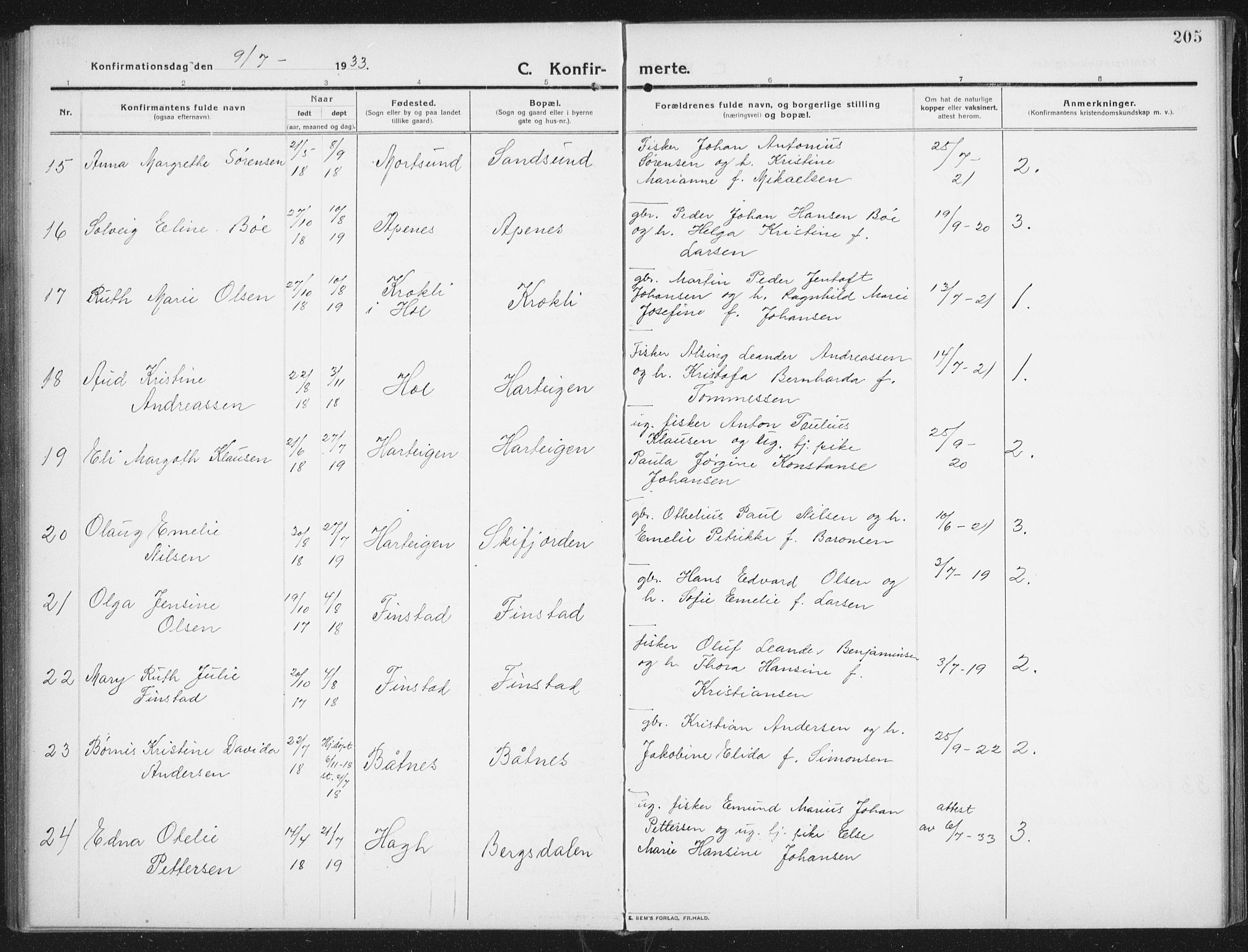 Ministerialprotokoller, klokkerbøker og fødselsregistre - Nordland, AV/SAT-A-1459/882/L1183: Parish register (copy) no. 882C01, 1911-1938, p. 205