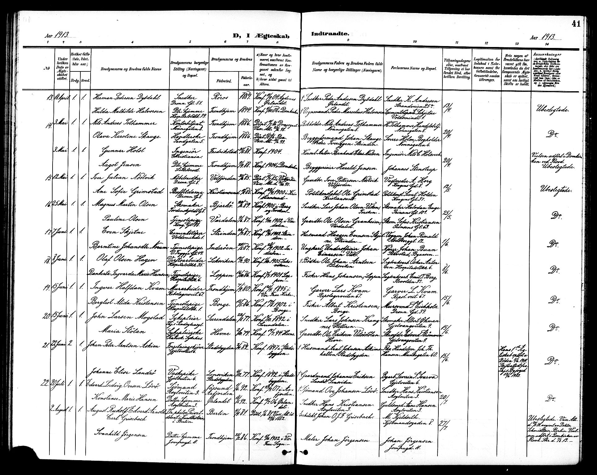 Ministerialprotokoller, klokkerbøker og fødselsregistre - Sør-Trøndelag, SAT/A-1456/602/L0145: Parish register (copy) no. 602C13, 1902-1919, p. 41