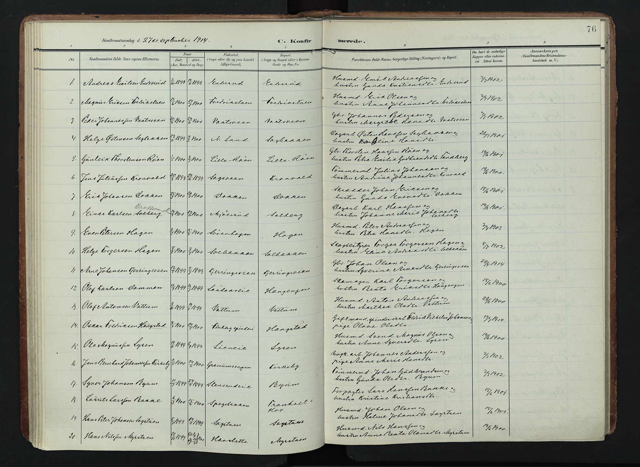 Søndre Land prestekontor, AV/SAH-PREST-122/K/L0005: Parish register (official) no. 5, 1905-1914, p. 76