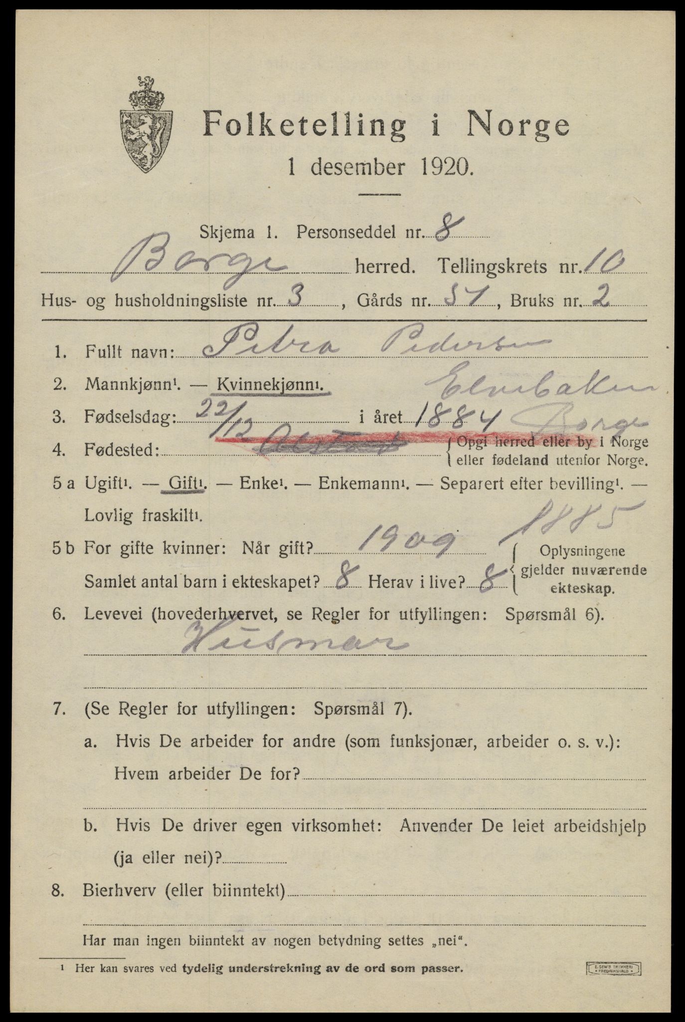 SAT, 1920 census for Borge, 1920, p. 8715