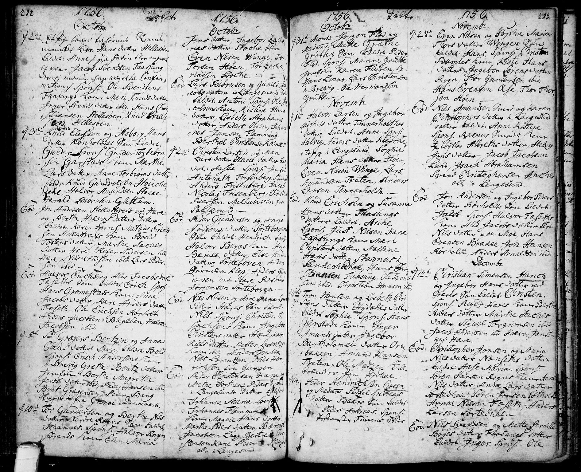 Bamble kirkebøker, AV/SAKO-A-253/F/Fa/L0001: Parish register (official) no. I 1, 1702-1774, p. 282-283