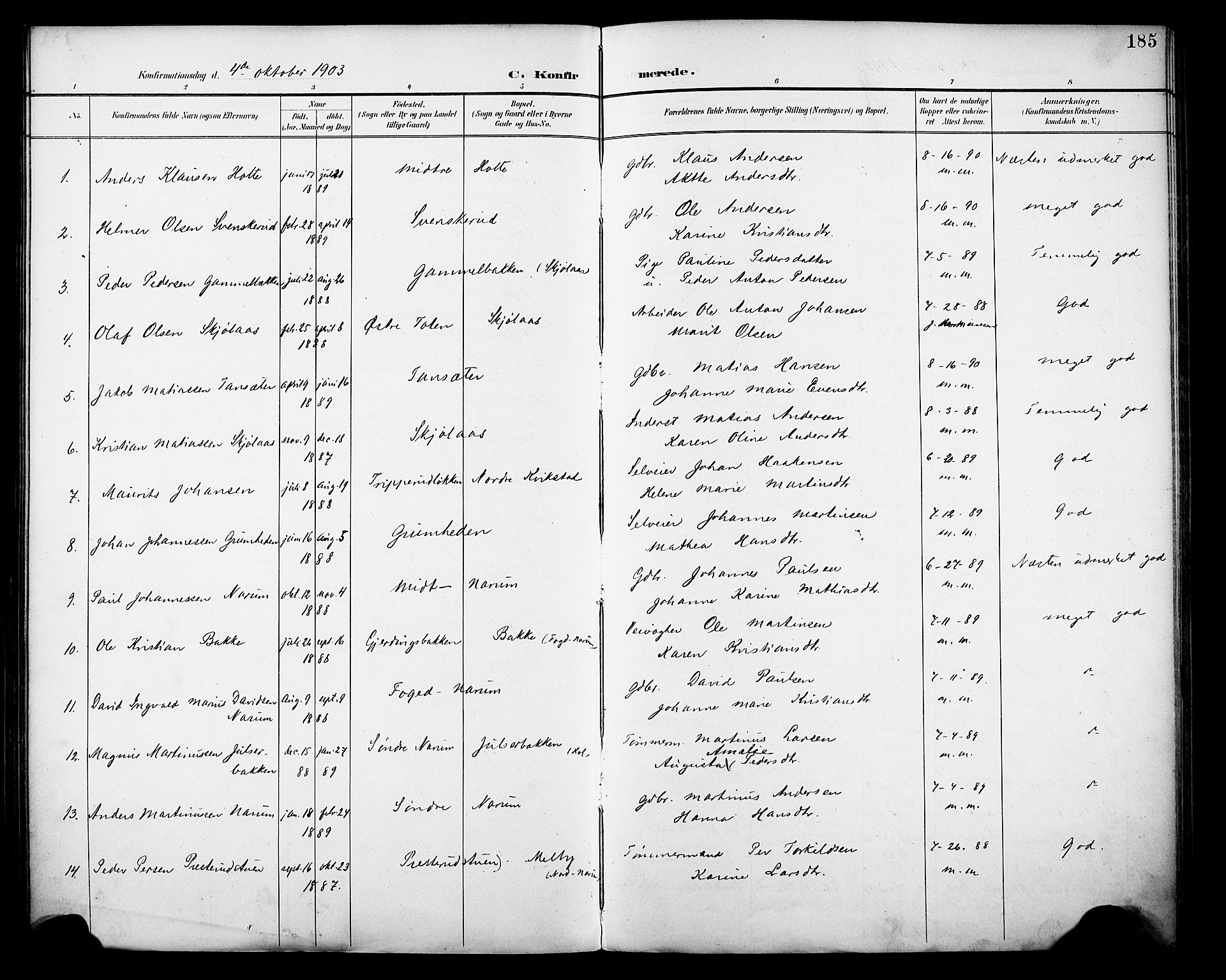 Vestre Toten prestekontor, SAH/PREST-108/H/Ha/Haa/L0013: Parish register (official) no. 13, 1895-1911, p. 185