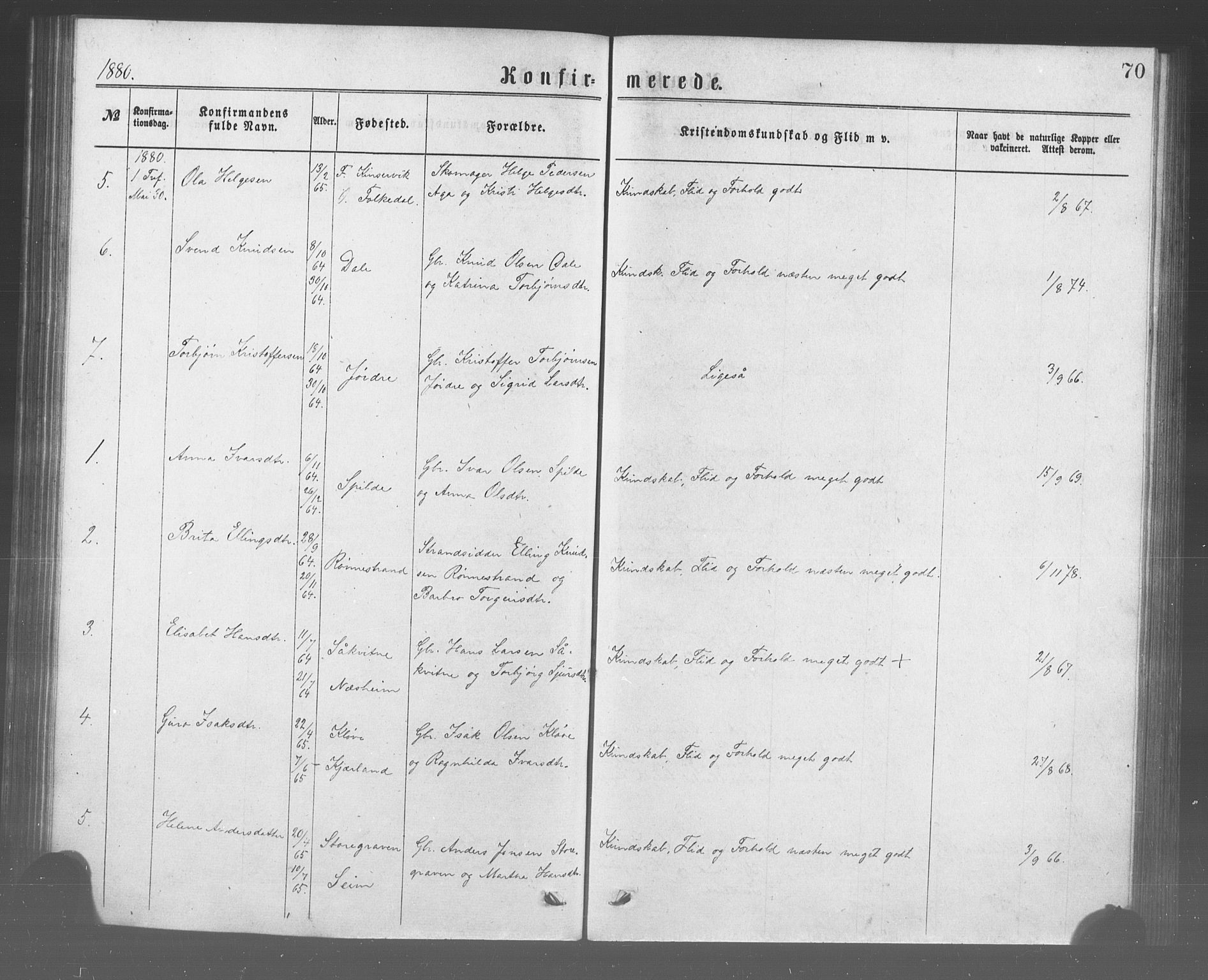 Ulvik sokneprestembete, AV/SAB-A-78801/H/Haa: Parish register (official) no. A 17, 1873-1891, p. 70