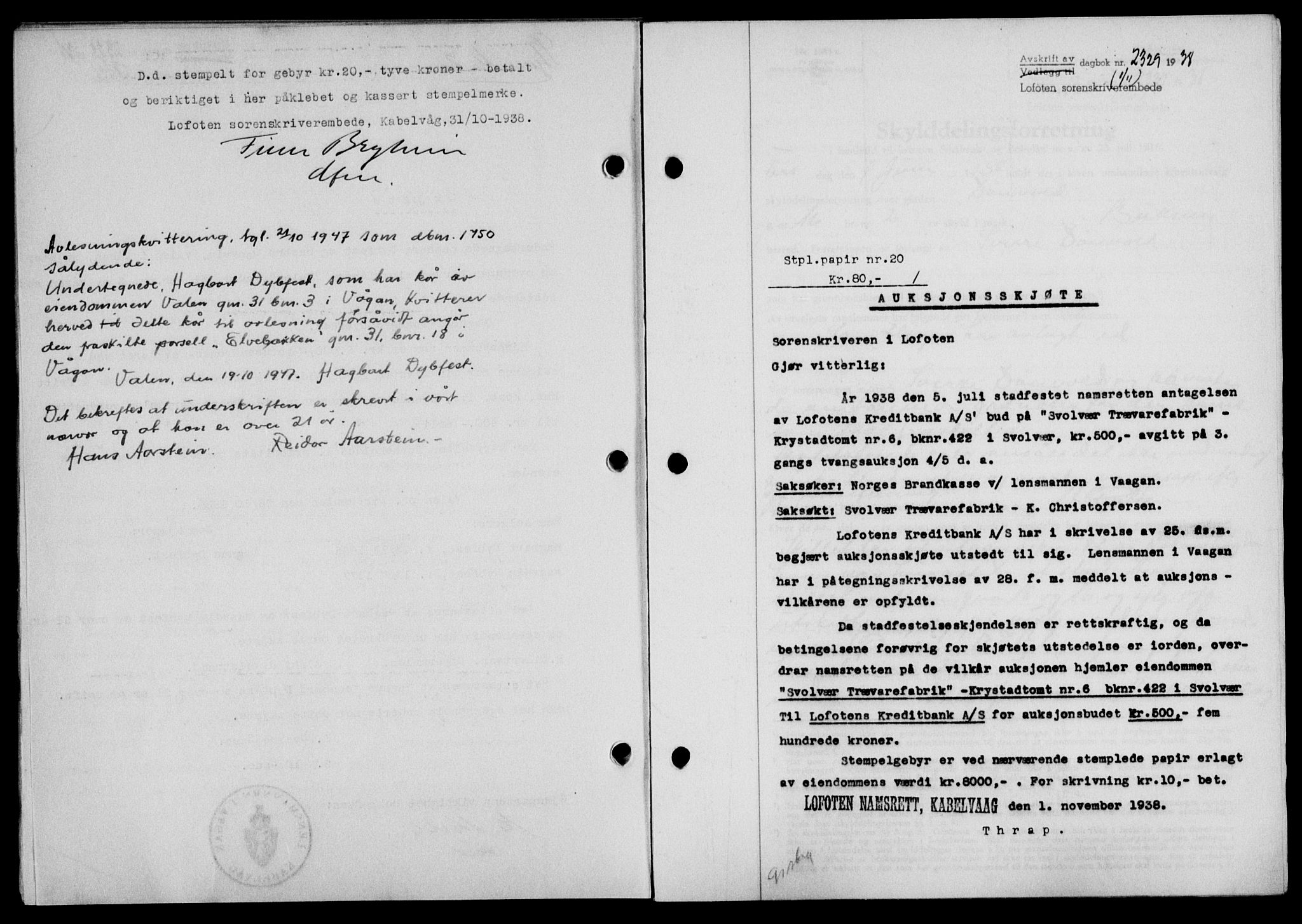 Lofoten sorenskriveri, SAT/A-0017/1/2/2C/L0004a: Mortgage book no. 4a, 1938-1938, Diary no: : 2329/1938