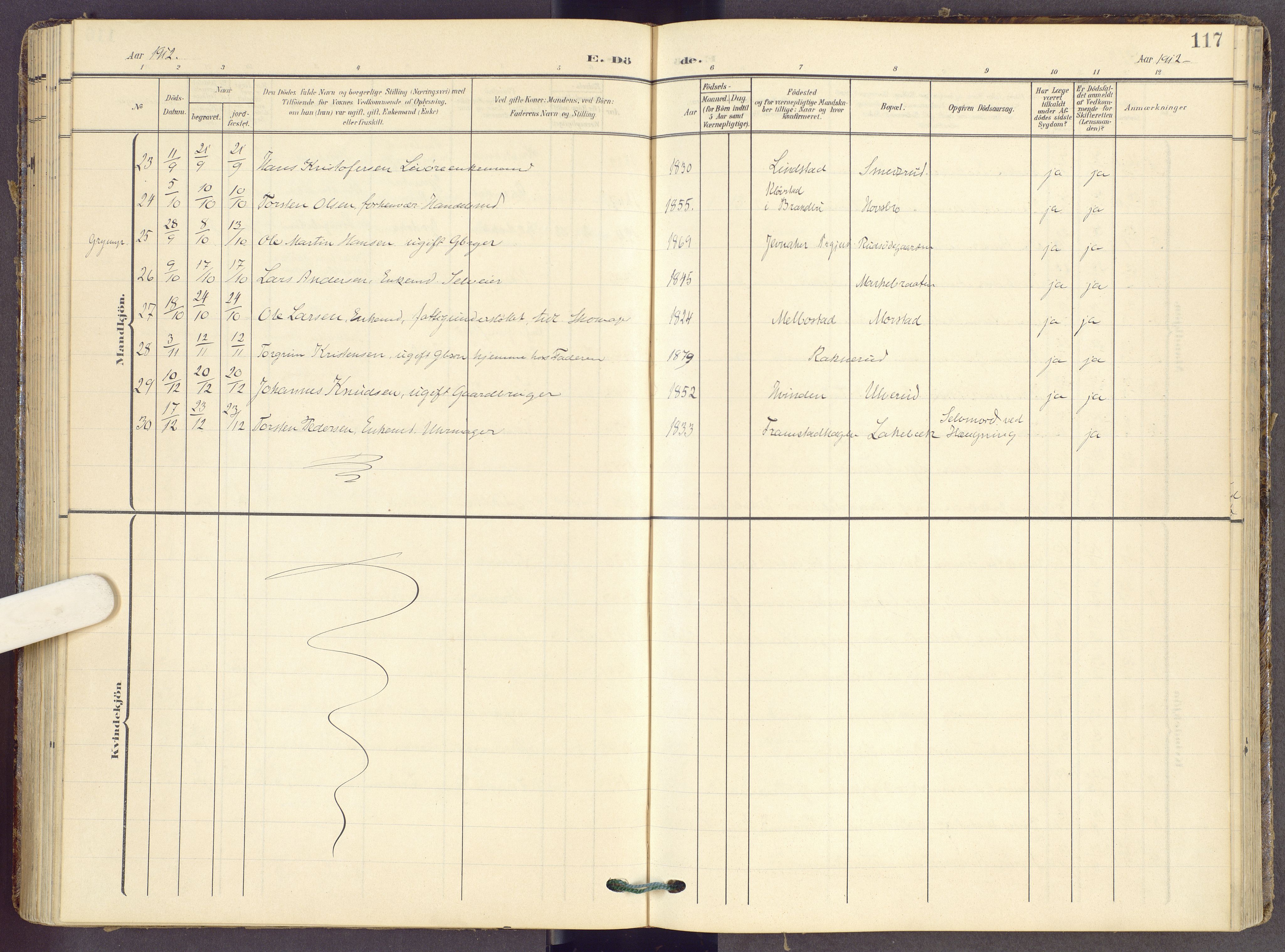 Gran prestekontor, SAH/PREST-112/H/Ha/Haa/L0022: Parish register (official) no. 22, 1908-1918, p. 117