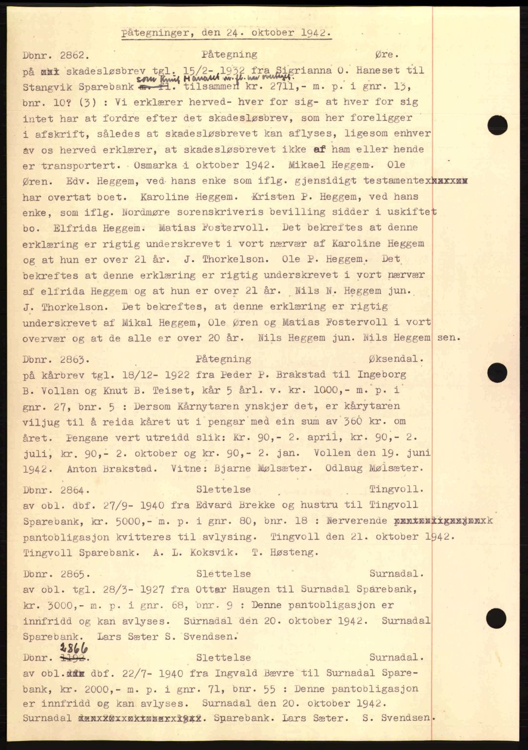 Nordmøre sorenskriveri, AV/SAT-A-4132/1/2/2Ca: Mortgage book no. C81, 1940-1945, Diary no: : 2862/1942