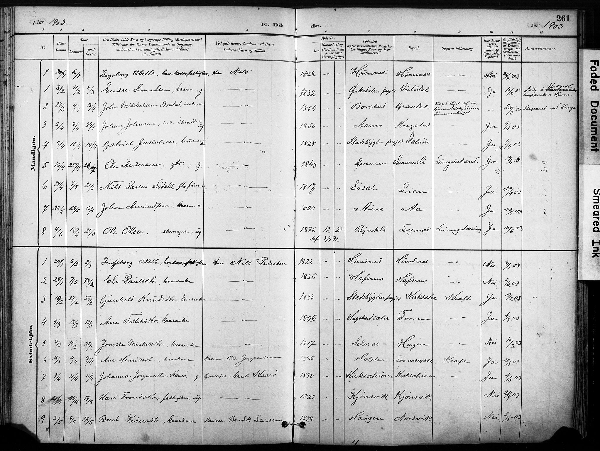 Ministerialprotokoller, klokkerbøker og fødselsregistre - Sør-Trøndelag, SAT/A-1456/630/L0497: Parish register (official) no. 630A10, 1896-1910, p. 261
