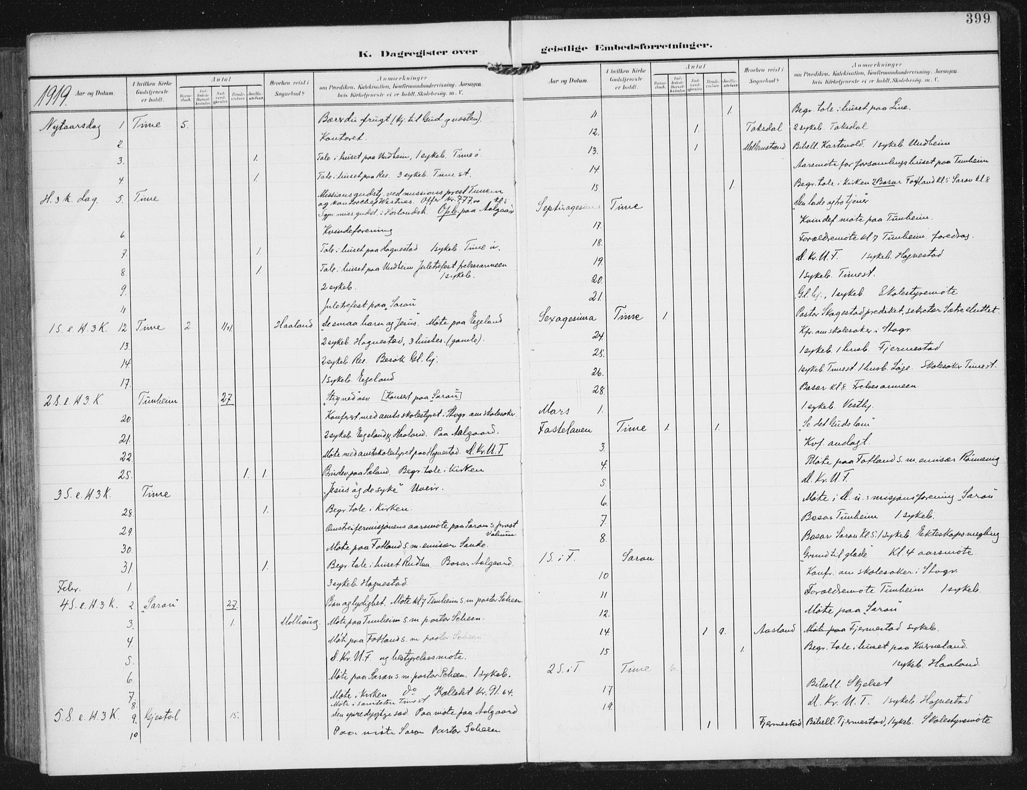 Lye sokneprestkontor, SAST/A-101794/002/A/L0001: Parish register (official) no. A 12, 1904-1920, p. 399