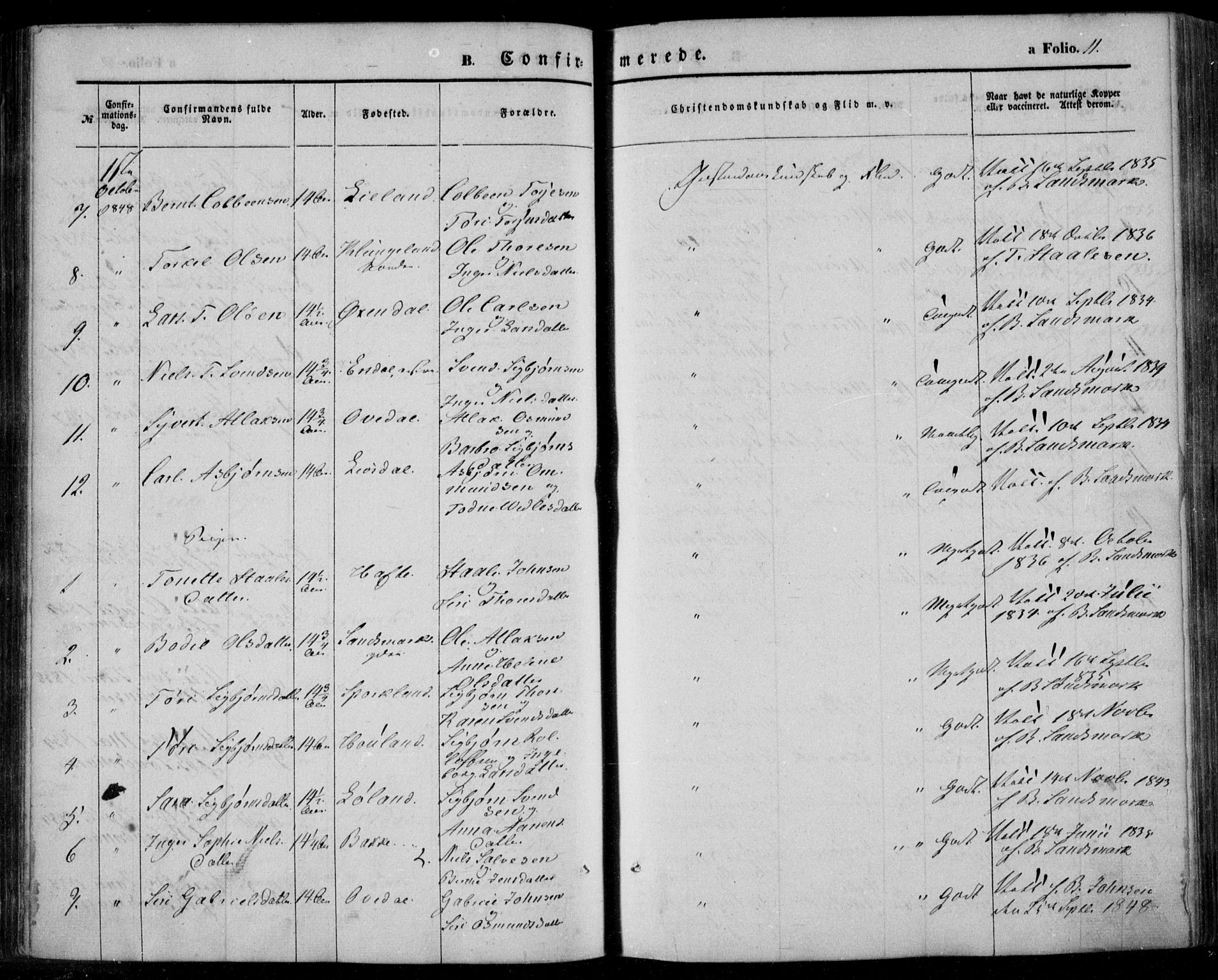 Bakke sokneprestkontor, AV/SAK-1111-0002/F/Fa/Faa/L0005: Parish register (official) no. A 5, 1847-1855, p. 11