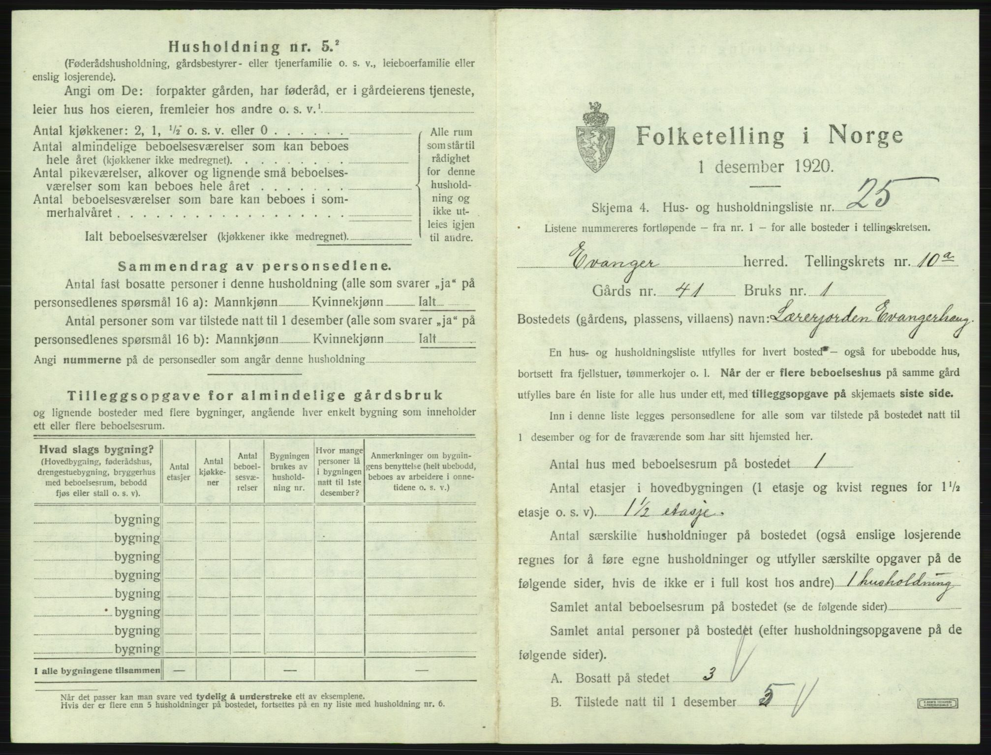 SAB, 1920 census for Evanger, 1920, p. 505