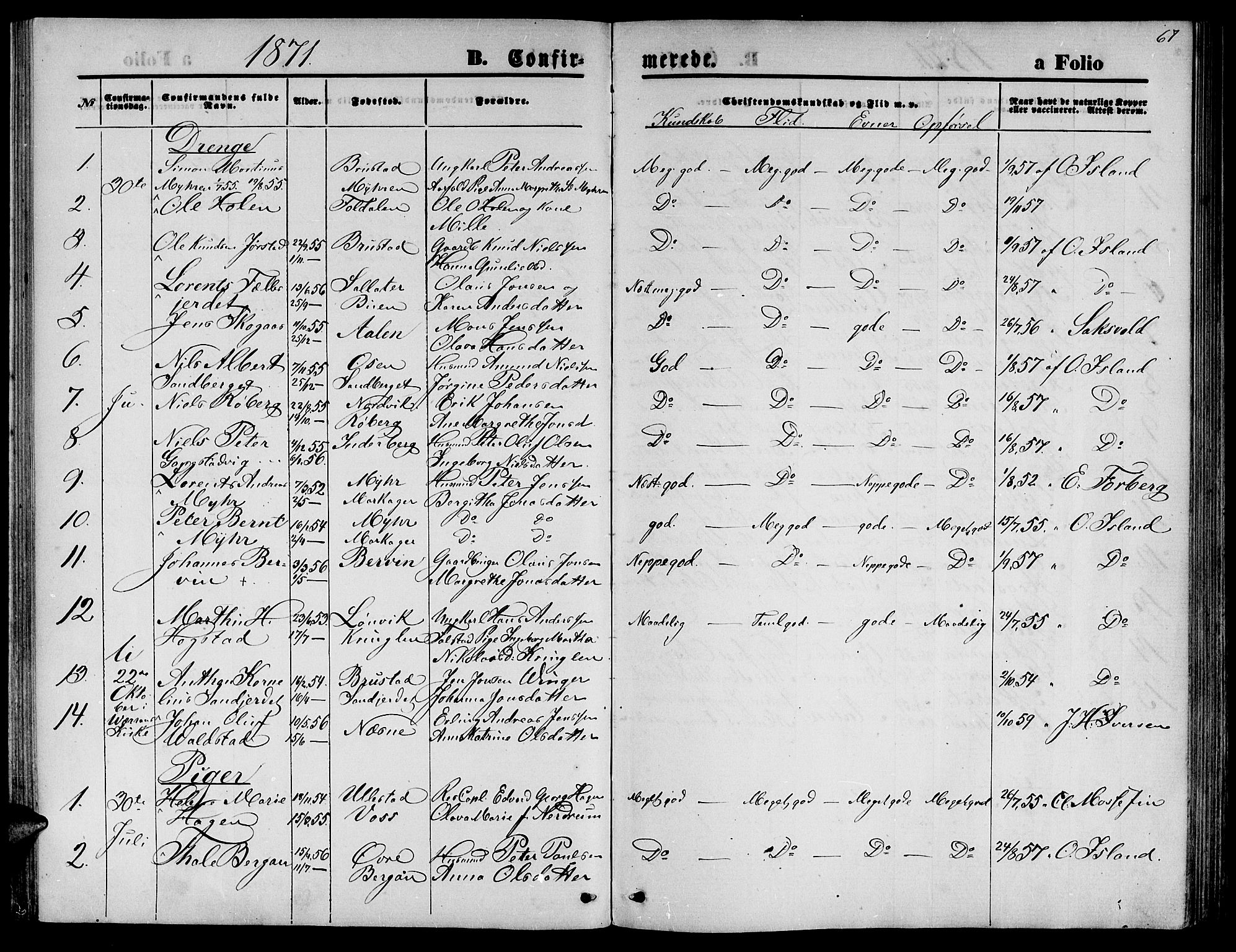 Ministerialprotokoller, klokkerbøker og fødselsregistre - Nord-Trøndelag, AV/SAT-A-1458/722/L0225: Parish register (copy) no. 722C01, 1871-1888, p. 67