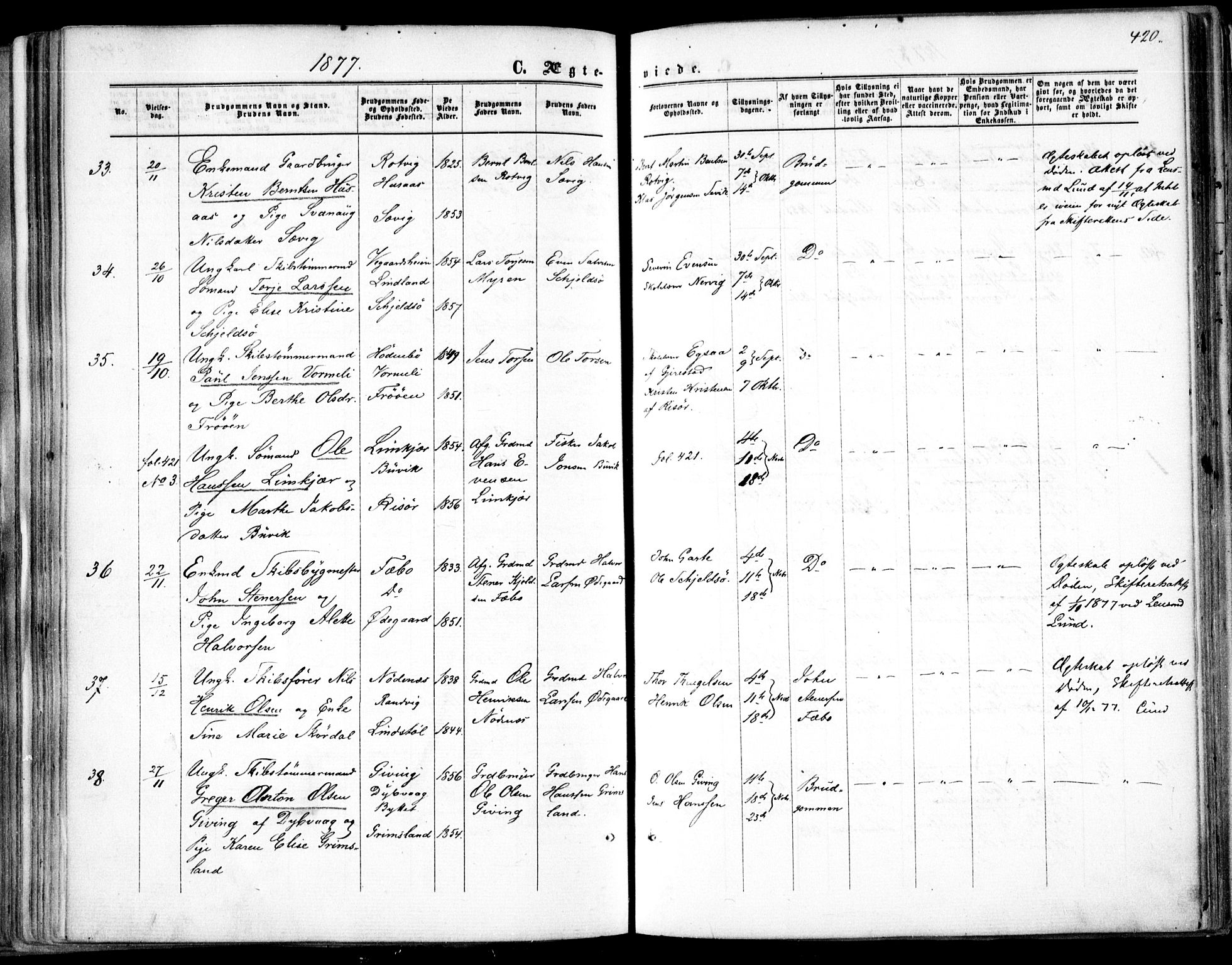 Søndeled sokneprestkontor, AV/SAK-1111-0038/F/Fa/L0003: Parish register (official) no. A 3, 1861-1879, p. 420