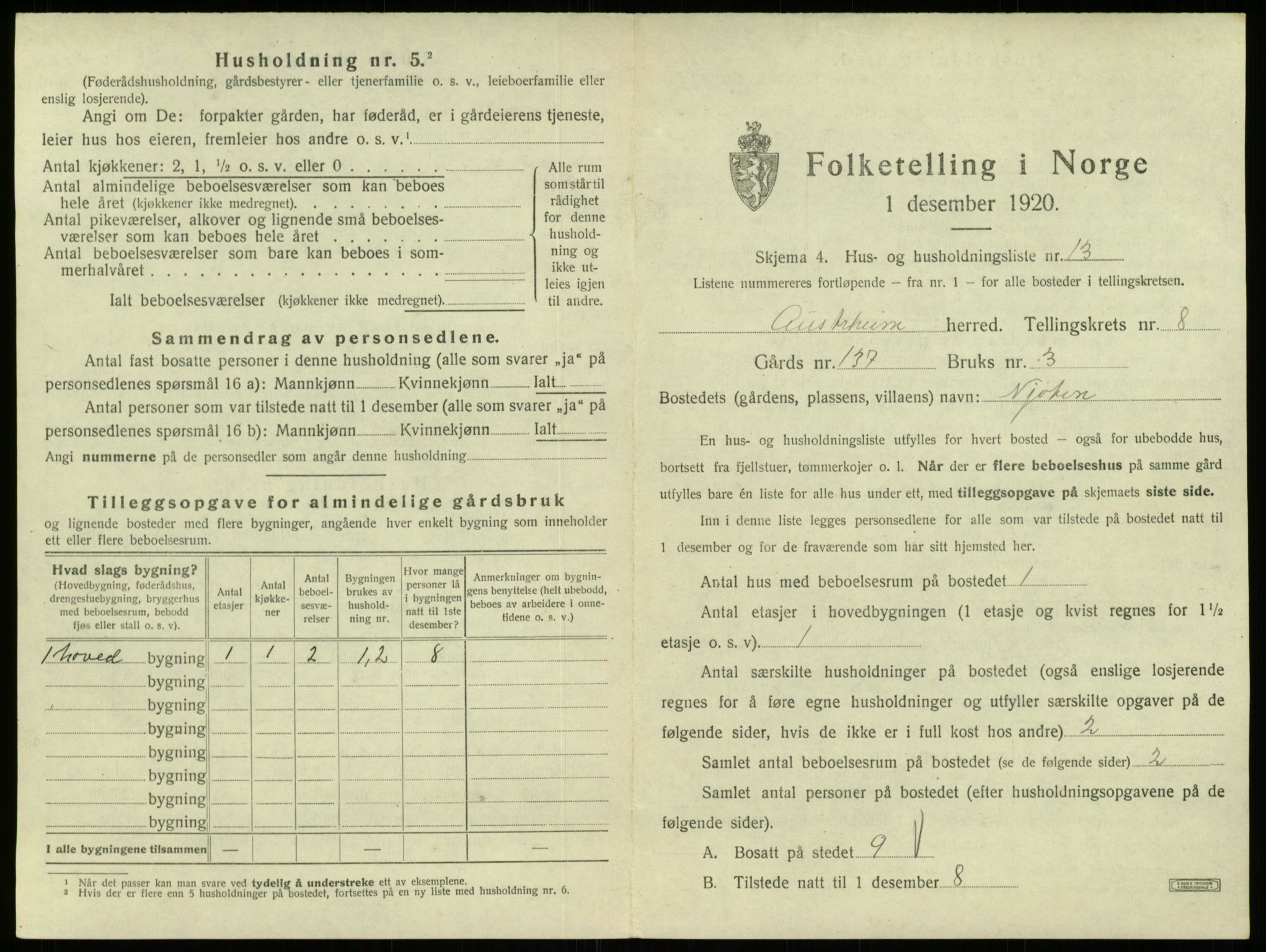 SAB, 1920 census for Austrheim, 1920, p. 408