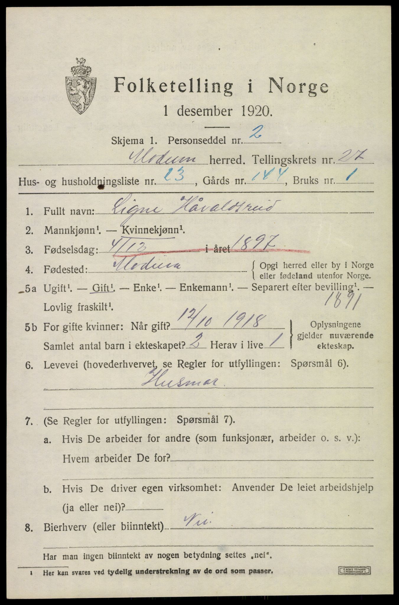 SAKO, 1920 census for Modum, 1920, p. 26211