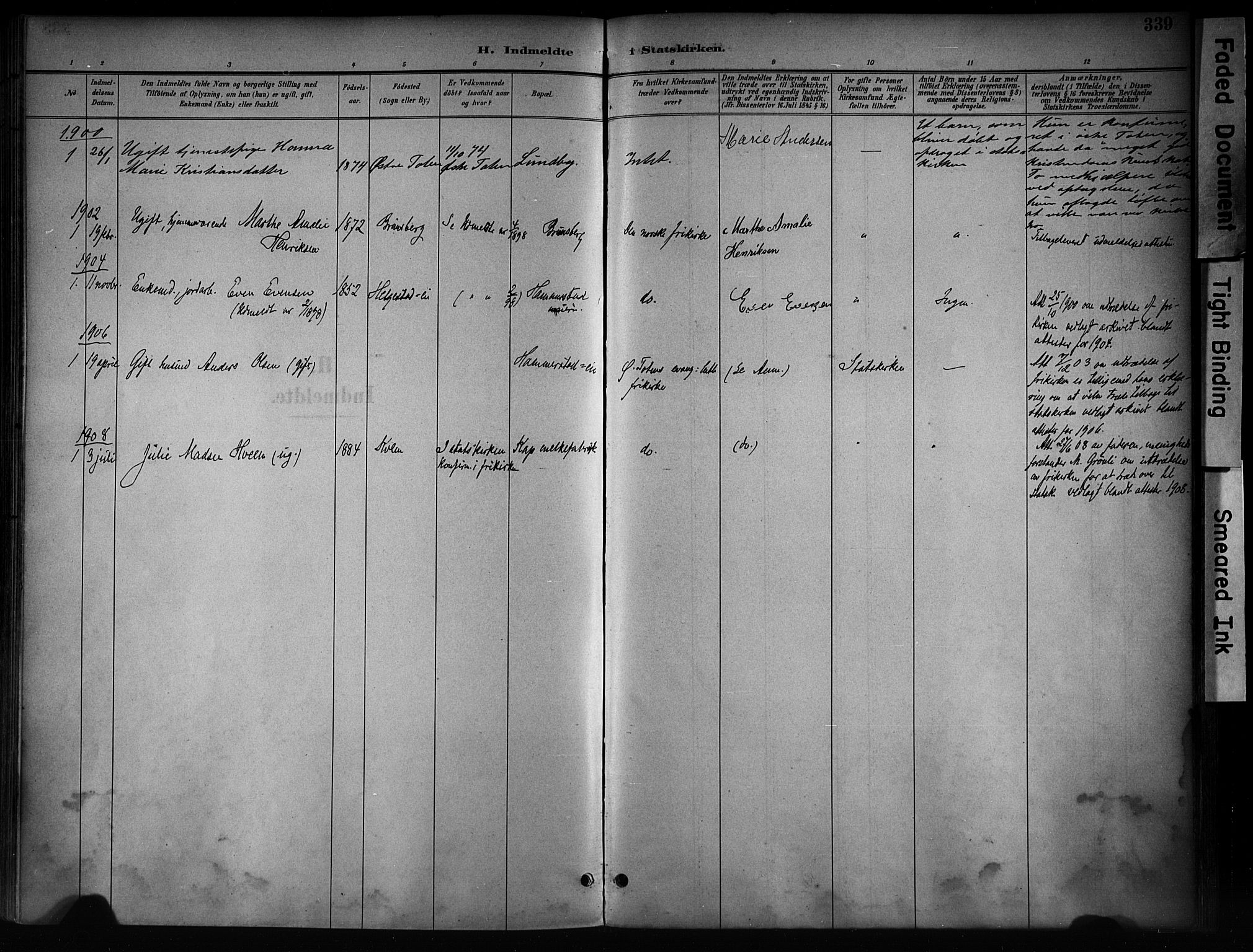 Østre Toten prestekontor, SAH/PREST-104/H/Ha/Haa/L0008: Parish register (official) no. 8, 1897-1909, p. 339