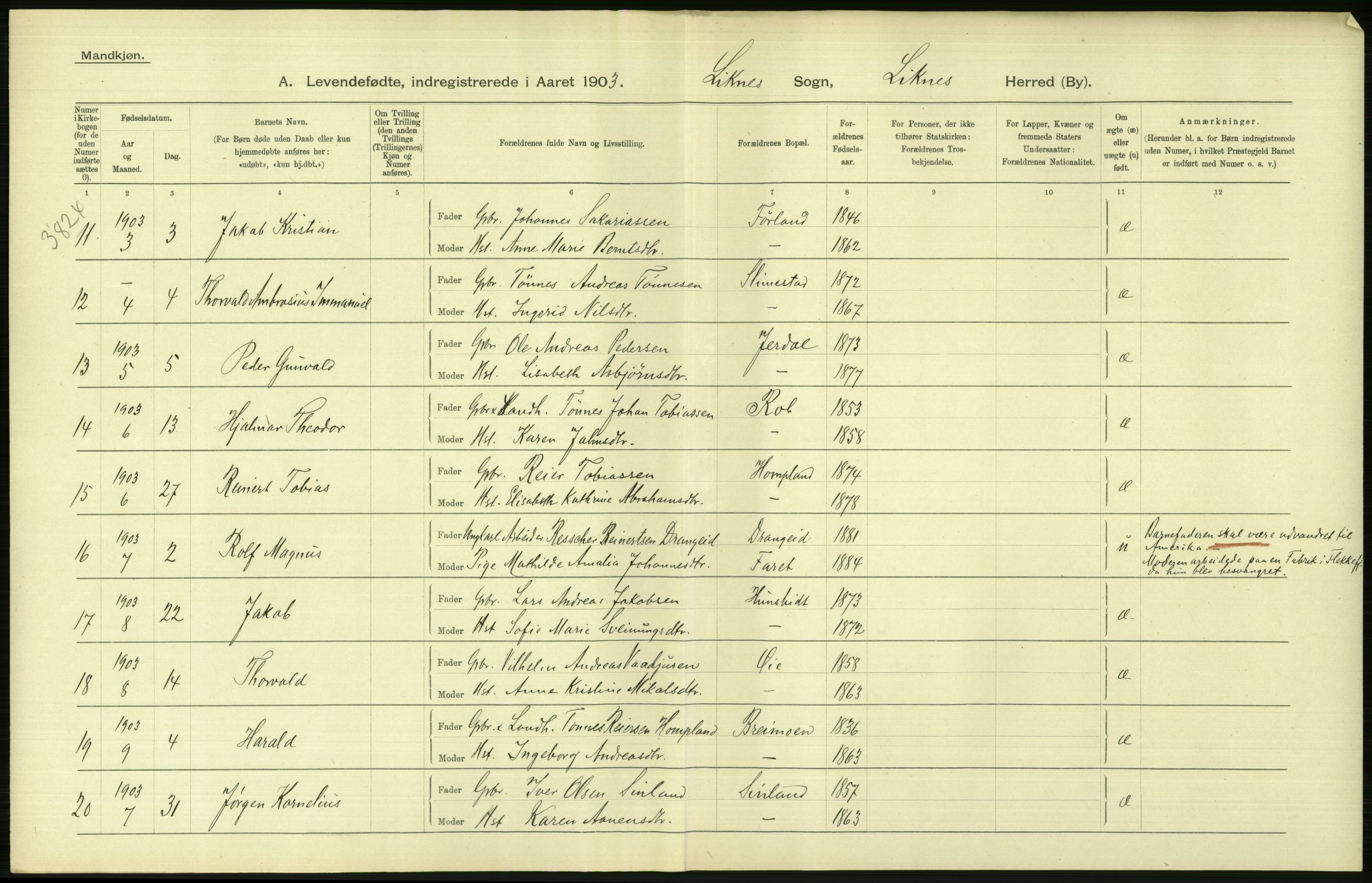 Statistisk sentralbyrå, Sosiodemografiske emner, Befolkning, AV/RA-S-2228/D/Df/Dfa/Dfaa/L0011: Lister og Mandal amt: Fødte, gifte, døde, 1903, p. 44