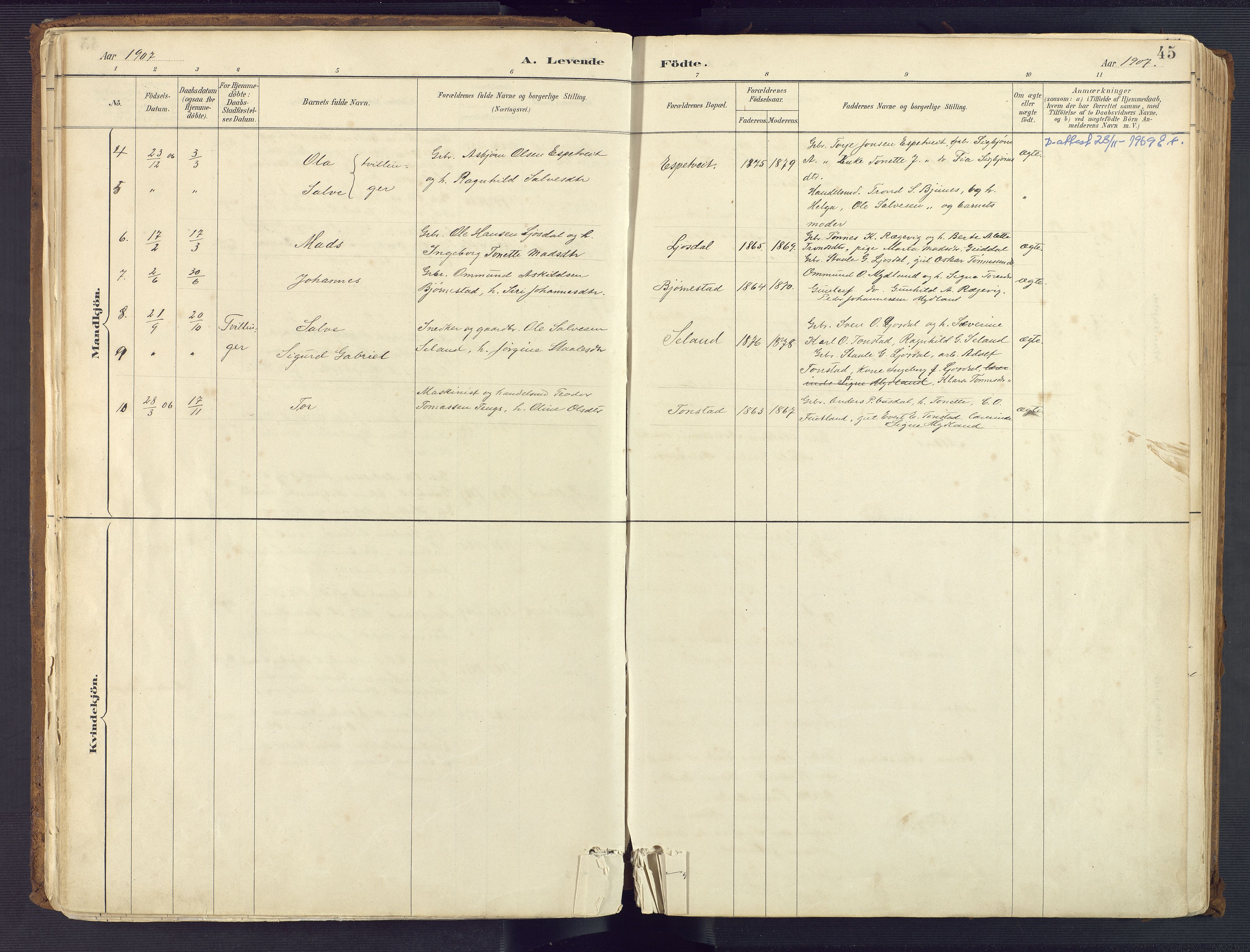 Sirdal sokneprestkontor, AV/SAK-1111-0036/F/Fa/Fab/L0004: Parish register (official) no. A 4, 1887-1919, p. 45