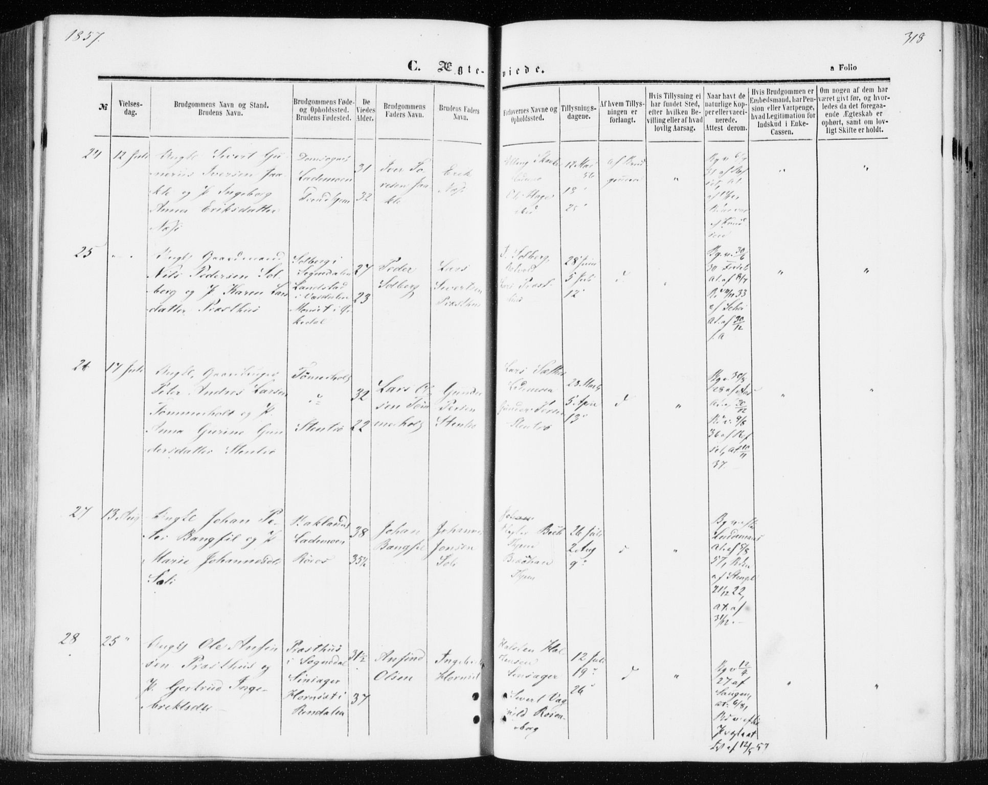 Ministerialprotokoller, klokkerbøker og fødselsregistre - Sør-Trøndelag, AV/SAT-A-1456/606/L0292: Parish register (official) no. 606A07, 1856-1865, p. 318